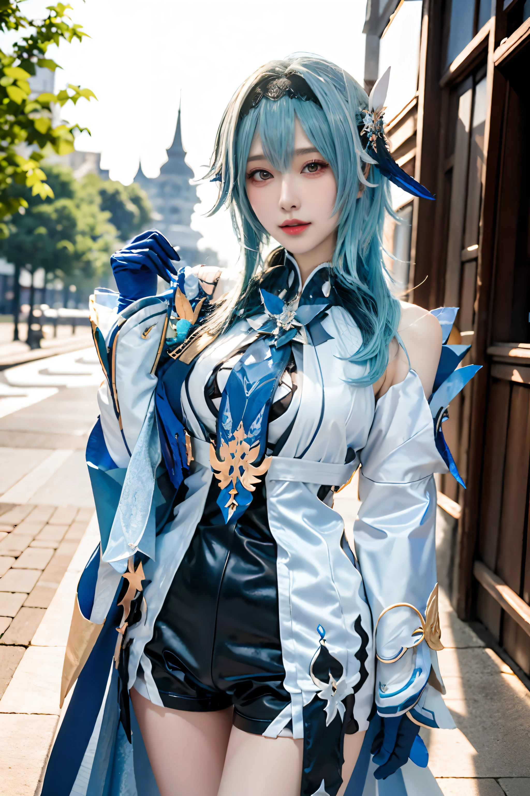 Goddess Beauty, Slim face, A light smile, Beautiful one, One girl, Alone, (masterpiece</input></>:1.2), Best Quality, , Genshin Impact, Detailed, 8k resolution, Watching the audience,  from Genshin Impact impact, Outdoor, Blue Hair, Hair accessories,  cosplay outfit