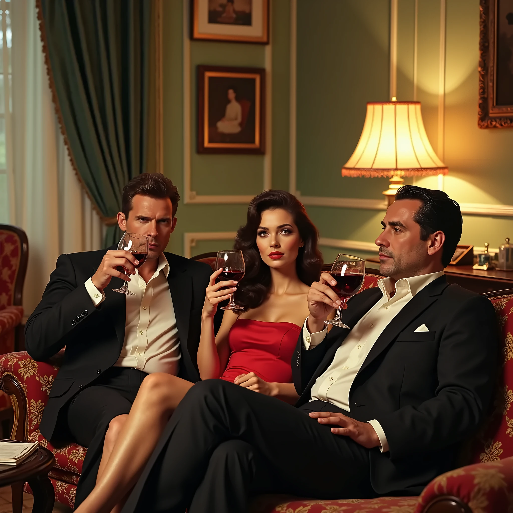"Setting: In a majestic mansion, A group of tycoons gathered in the living room. They sit in luxurious armchairs, Smile and chat excitedly. A bottle of champagne sits around the coffee table,Cheers to the special event."