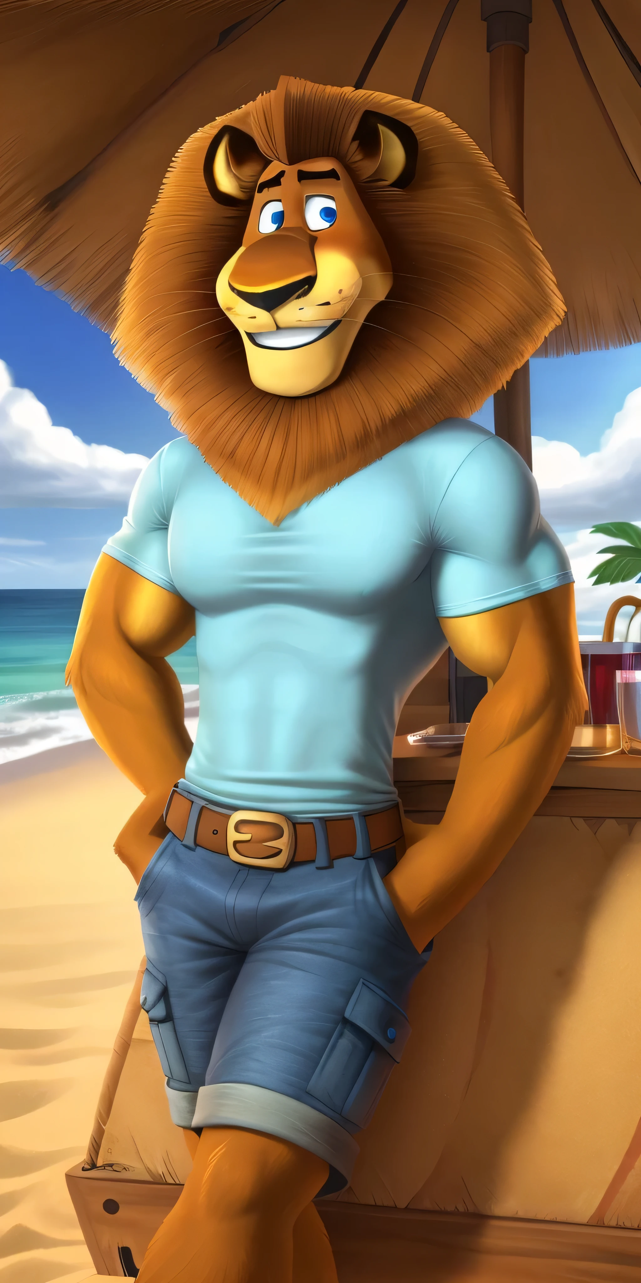 Alex the Lion, muscular body, big biceps, six pack abs, extremely beautiful and cute face, perfectly detailed blue eyes with perfectly detailed pupils, sunglasses on a forehead, shirtless, wears denim cargo shorts, bare feet, beach background, standing, selfie, gentle look, cute smile