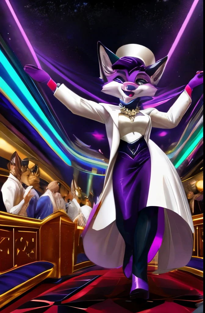 A female purple fox, purple dyed fur, gold eyes, purple hair, smiling, walking in a fancy casino, wearing an elegant white suit, wide open mocking smile, laughing, lifting her arms, doing a taunting pose, wearing a white hat, lifting her hands, facing to the front, from upfront perspective