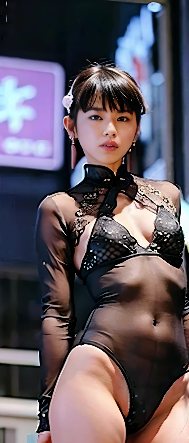 Cool Kung Fu Idol、whole body、Good style、、、thin, Sheer white lace mini cheongsam、Deep Crack、Dark brown pantyhose、Neon Cyber City