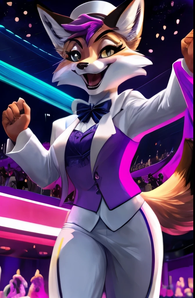 A female purple fox, purple dyed fur, gold eyes, purple hair, smiling, walking in a fancy casino, wearing an elegant white suit, wide open mocking smile, laughing, lifting her arms, doing a taunting pose, wearing a white hat, lifting her hands, detailed hands, laughing at the spectator, facing to the front, from upfront perspective