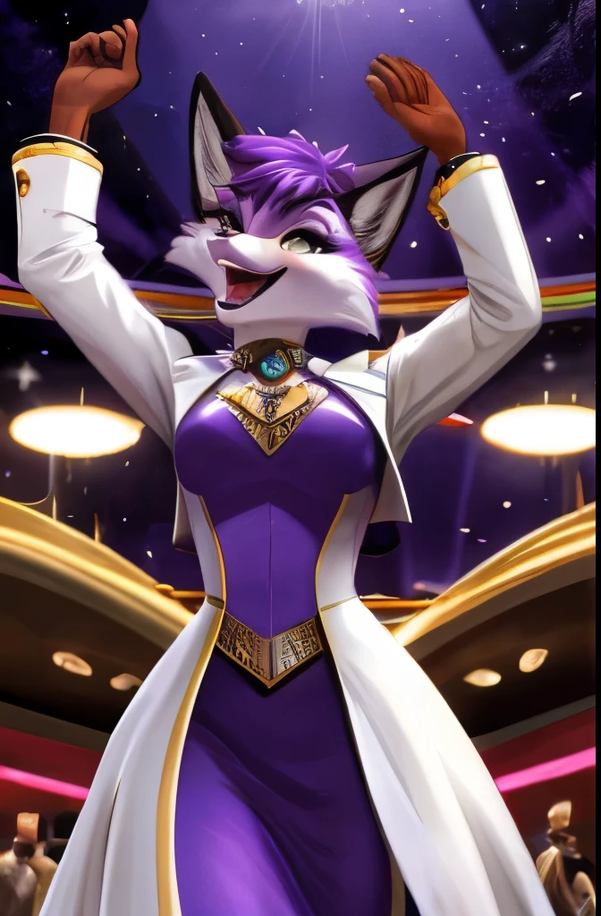 A female purple fox, purple dyed fur, gold eyes, purple hair, smiling, walking in a fancy casino, wearing an elegant white suit, wide open mocking smile, laughing, lifting her arms, doing a taunting pose, wearing a white hat, lifting her hands, detailed hands, laughing at the spectator, facing to the front, from upfront perspective 