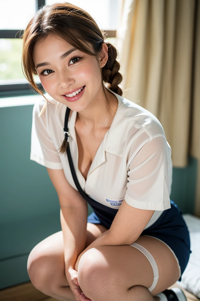 Korean girl, black hair, older sister, putting her hair in a ponytail and smiling to the narrator, high definition picture, masterpiece, (beautiful girl, cafe, seductive, virgin, sexy), (secretary), coquettish smile, coquettish woman, school uniform ,school uniform, senior, sister, student, shorts,