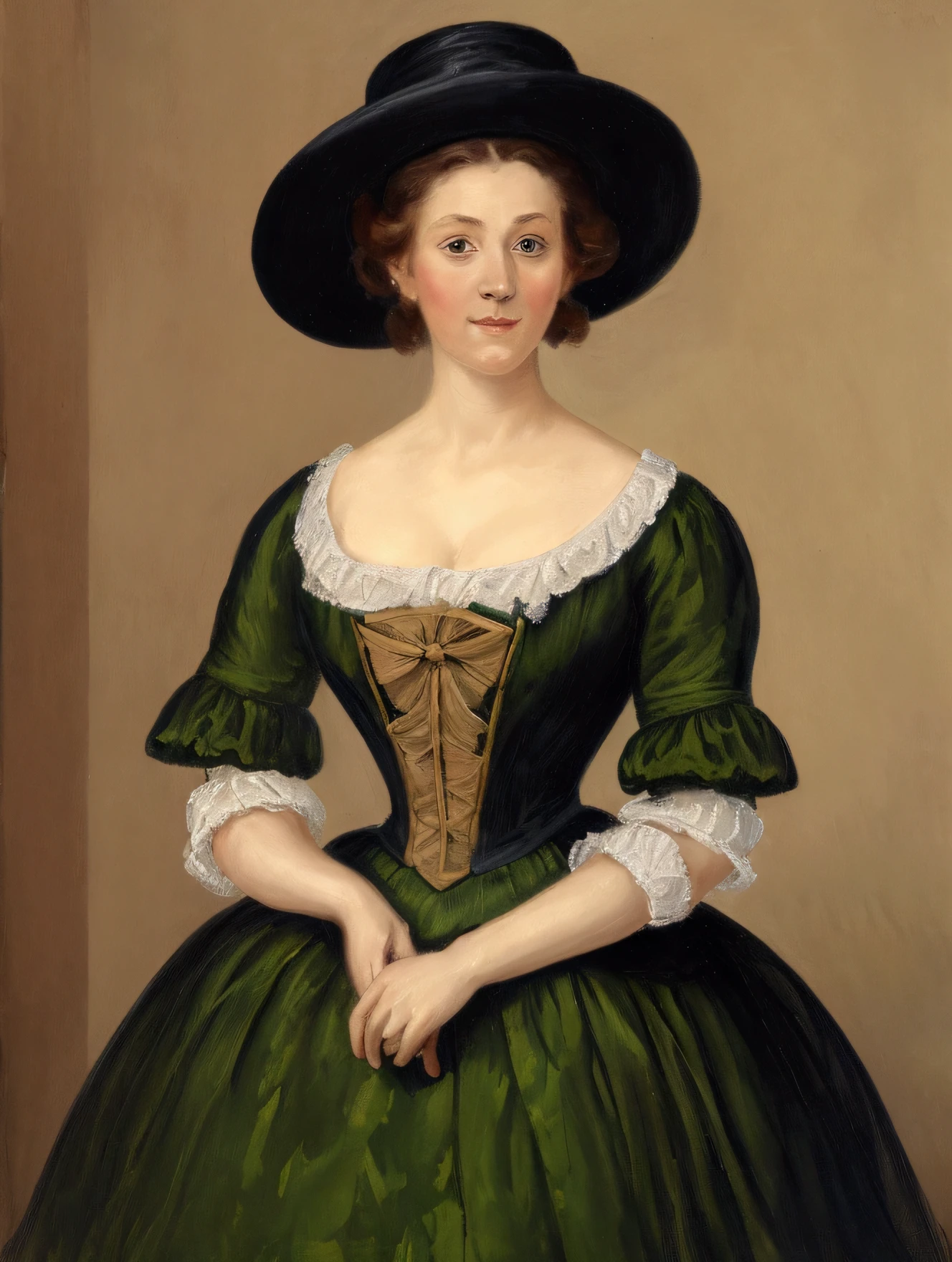 portrait , French woman dressed in 19th century dress ,with a hat , looks at the viewer,neat face , Green eyes , light dress with patterns , masterpiece,high quality, correct anatomy ,draw in impressionist style,wall blurred background and facial features