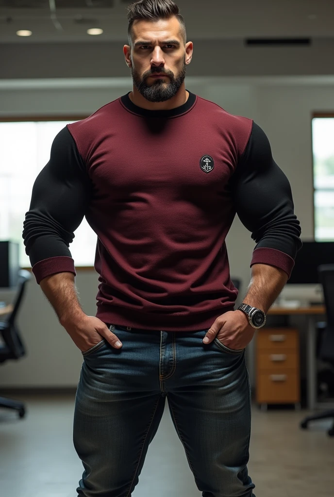 Handsome Indian pehlwan muscular hunk in tight formal red shirt black trouser with huge bulge wetty spot on bulge, doing shopping and drinking coffee from tumblr in shopping mall, head to thigh view