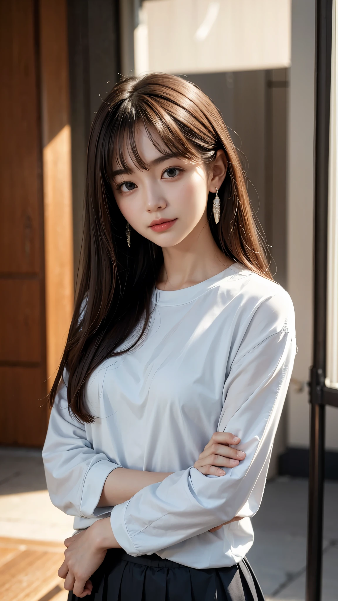 A woman in a white shirt and black skirt posing for a picture - SeaArt AI