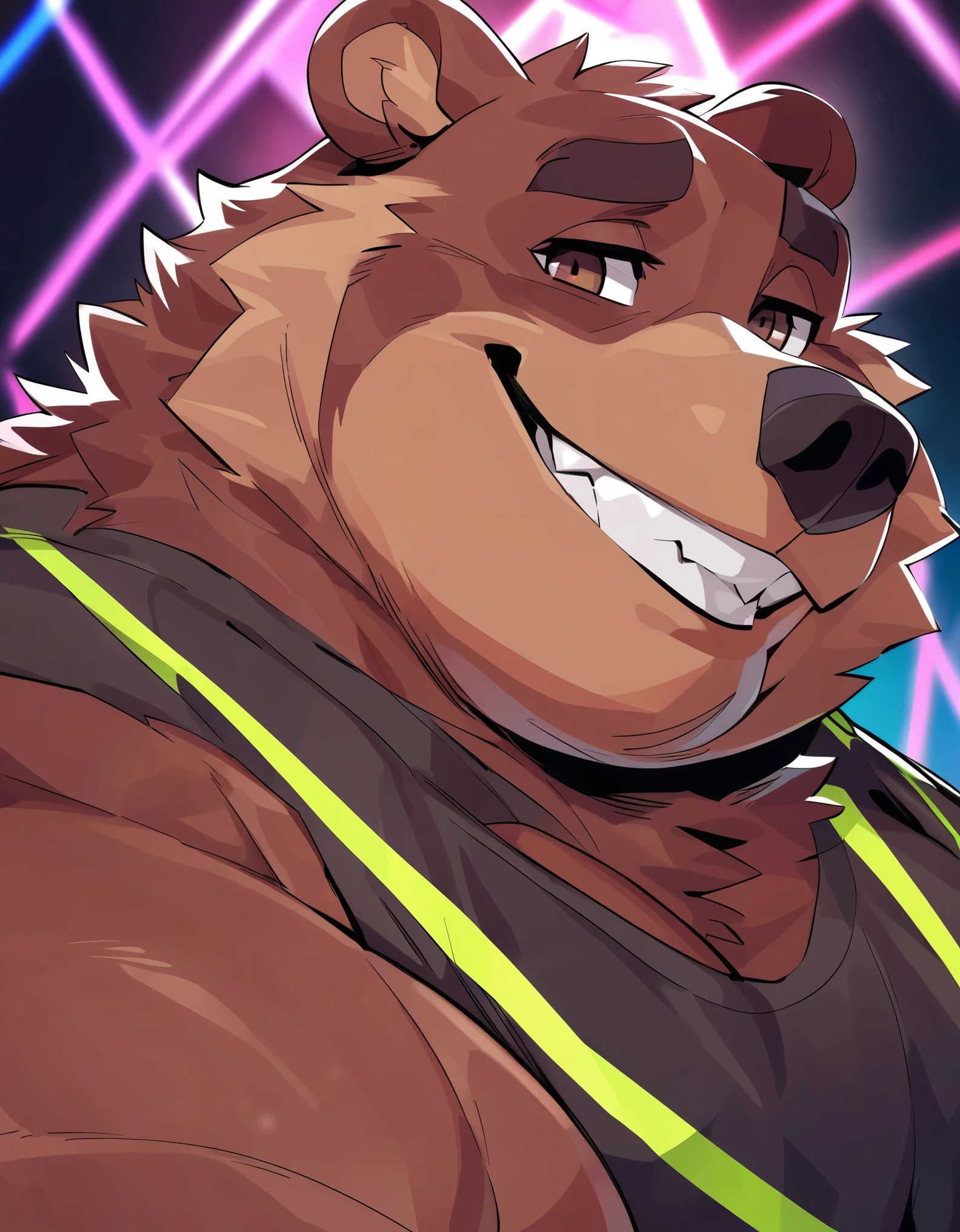 Close-Up Portrait: Excited obese Grizzly Bear Wrecker-Driver; showing off his chartreuse safety shirt and charming smile;  grand stature; Gray/Brown fur,, sparkling dark-brown Eyes, large smoothed muscles, Detailed body fur, burly huge stature; masterpiece, Anime Style, Two-tone body fur, brown body hair, clear blond body hair; hard bulky; Detailed face, Thin eyebrows, Fine grain, thick jaw, Detailed body, neon ultraviolet darkness, Detailed hands, Shining Body, Shiny body, Motion Blur, Dynamic Angle, looking at viewer, close-up OP-POV looking up; by FTGBear;