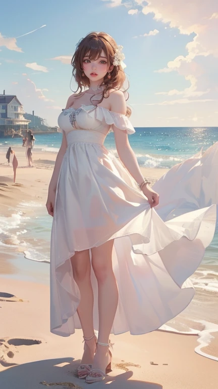Summer sunset, lone woman on the beach, wearing summer dress, teenage girl, very pretty, very delicate and detailed eyes