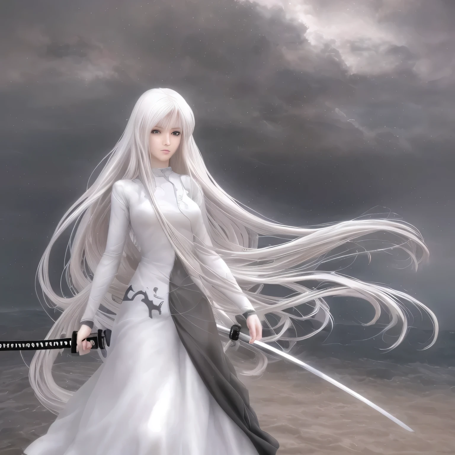 (best quality, masterpiece:1.2), anime girl, realistic anime anime realistic, photorealistic anime, photorealistic anime girl render, smooth anime cg art, 2d, realistic anime artstyle, 8k, realistic young anime girl, render of a cute, chaos style, white hair, black clothes, long dress, holding very long katana, very long hair