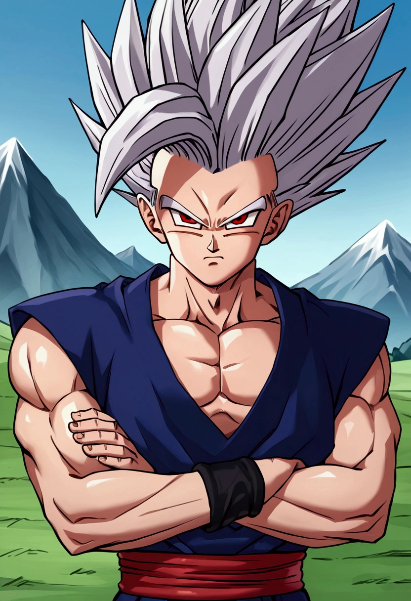 1 male, solo, adult, Gohan, white spiky hair, red eyes, black pupil, red ribbon around waist, looking at viewer, mountain background, blue suit unique characteristic lock, perfect eyes, good quality eyes, good quality mouth, symmetrical eyes, even hair, good quality hair, good image resolution, 4k, red ribbon only around the waist, short sleeve, Voluminous and longer hair, bare arms, black wristbands, looking at the viewer, arms crossed (Score_9,Score_8_up,Score_7_up), source_anime, best quality, masterpiece, anime, __prompt__