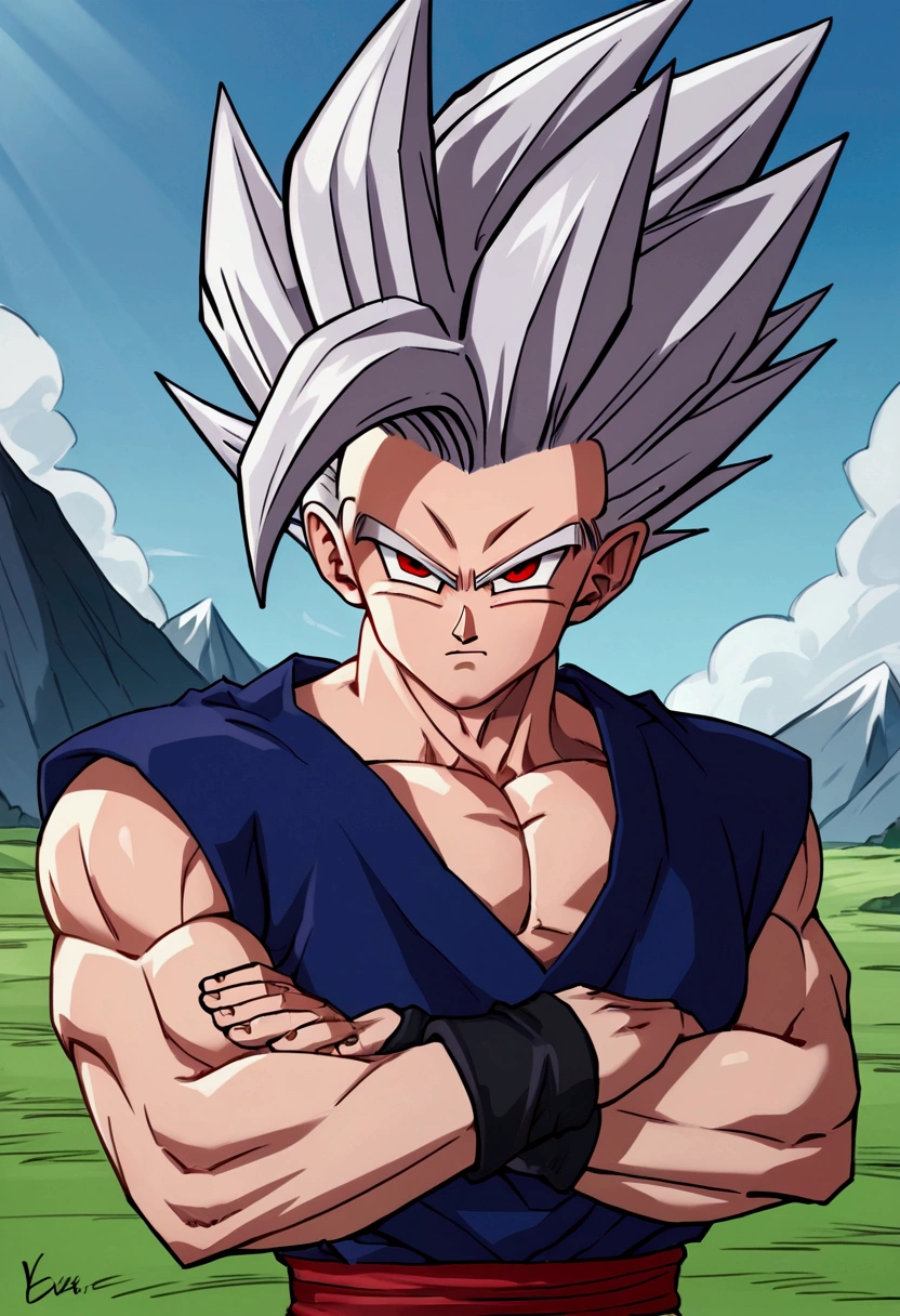 1 male, solo, adult, Gohan, white spiky hair, red eyes, black pupil, red ribbon around waist, looking at viewer, mountain background, blue suit unique characteristic lock, perfect eyes, good quality eyes, good quality mouth, symmetrical eyes, even hair, good quality hair, good image resolution, 4k, red ribbon only around the waist, short sleeve, Voluminous and longer hair, bare arms, black wristbands, looking at the viewer, arms crossed (Score_9,Score_8_up,Score_7_up), source_anime, best quality, masterpiece, anime, __prompt__