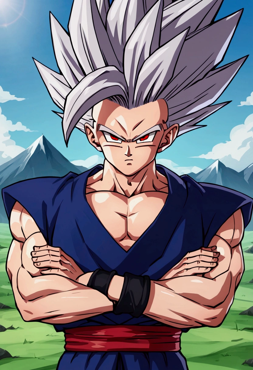 1 male, solo, adult, Gohan, white spiky hair, red eyes, black pupil, red ribbon around waist, looking at viewer, mountain background, blue suit unique characteristic lock, perfect eyes, good quality eyes, good quality mouth, symmetrical eyes, even hair, good quality hair, good image resolution, 4k, red ribbon only around the waist, short sleeve, Voluminous and longer hair, bare arms, black wristbands, looking at the viewer, arms crossed (Score_9,Score_8_up,Score_7_up), source_anime, best quality, masterpiece, anime, __prompt__