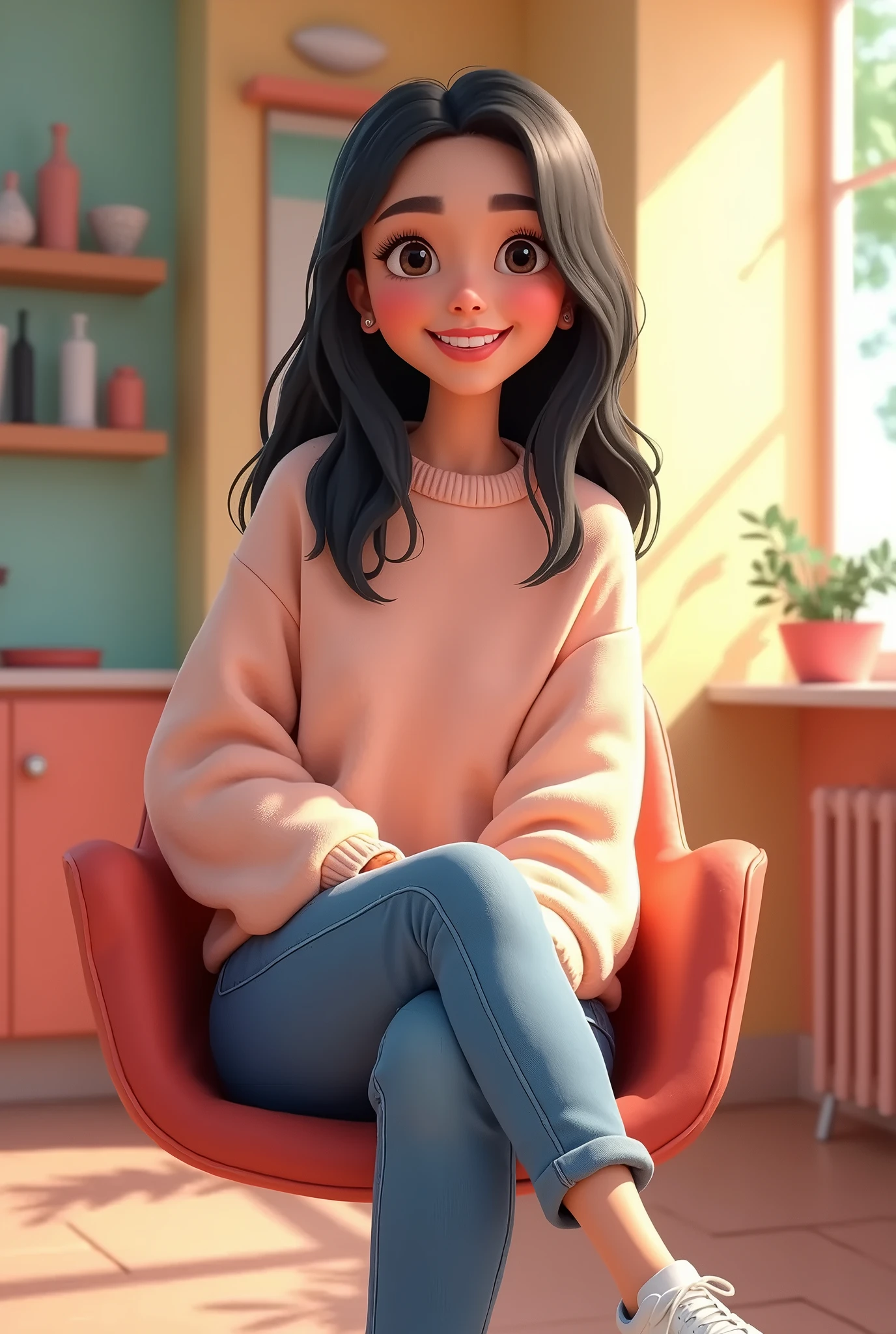 Create an animated-style image of Jade, a friendly woman in her mid-20s, sitting in a bright, modern salon. She has medium-length, straight black hair styled elegantly and is wearing a casual oversized sweater in a soft pastel color, paired with comfortable denim jeans and white sneakers. Jade is smiling warmly at the viewer, exuding a friendly and approachable vibe. The background features a lively salon atmosphere with colorful decor and soft sunlight filtering through the windows, enhancing the cheerful setting.