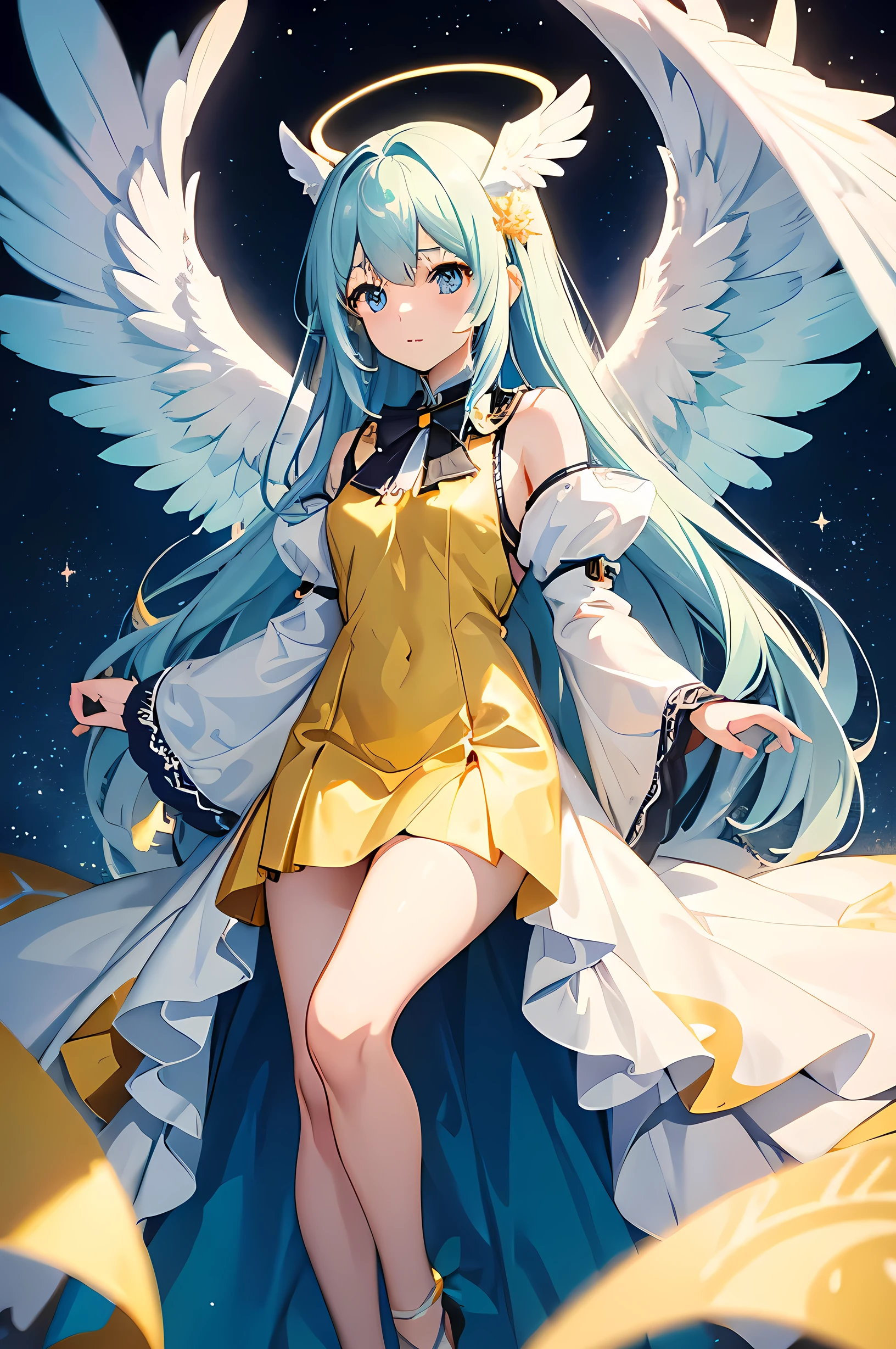 One Piece fantasy singer UTA, one piece art style, Red ribbon shape hairstyle, Wearing a set of gold cone-shaped headphones,A light blue band is worn on the ears, White maid jumpsuit, Gold gloves, Gold armor shoes, Cute zippered trench coat, Bare shoulders,Feathers mixed color wings, Scarf, A captivating idol aura, Surrounding musical symbol effects, Perfect body shape, Masterpieces, Fantasy art, Ultimate body detail, high resolution, Anime 4K wallpaper quality, Huge stage background