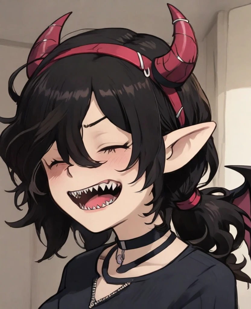 Rosto detalhado, grandes olhos, sharp teeth, hair over eyes, hairband, demon horns, demon wings, long hair, pointy ears, elf, black hair, peitos muito muito grandes