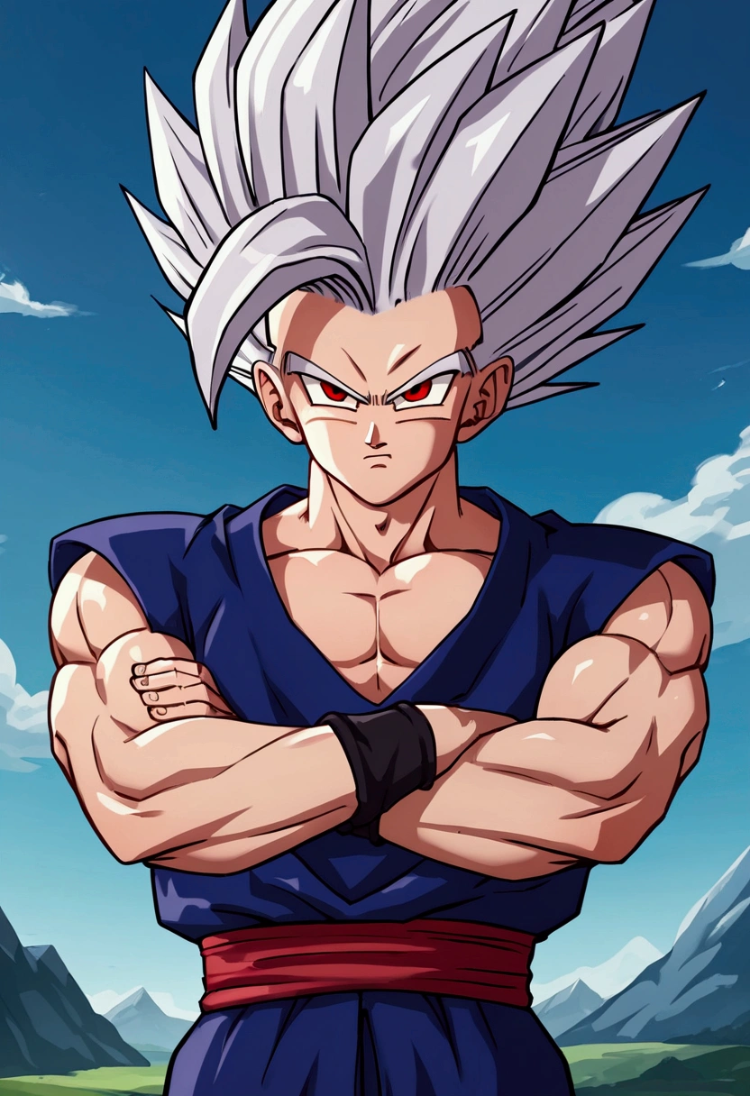 1 male, solo, adult, Gohan, white spiky hair, red eyes, black pupil, red ribbon around waist, looking at viewer, mountain background, blue suit unique characteristic lock, perfect eyes, good quality eyes, good quality mouth, symmetrical eyes, even hair, good quality hair, good image resolution, 4k, red ribbon only around the waist, short sleeve, Voluminous and longer hair, bare arms, black wristbands, looking at the viewer, arms crossed (Score_9,Score_8_up,Score_7_up), source_anime, best quality, masterpiece, anime, __prompt__