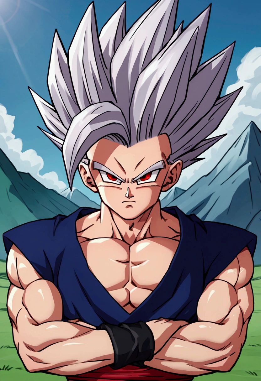 1 male, solo, adult, Gohan, white spiky hair, red eyes, black pupil, red ribbon around waist, looking at viewer, mountain background, blue suit unique characteristic lock, perfect eyes, good quality eyes, good quality mouth, symmetrical eyes, even hair, good quality hair, good image resolution, 4k, red ribbon only around the waist, short sleeve, Voluminous and longer hair, bare arms, black wristbands, looking at the viewer, arms crossed (Score_9,Score_8_up,Score_7_up), source_anime, best quality, masterpiece, anime, __prompt__