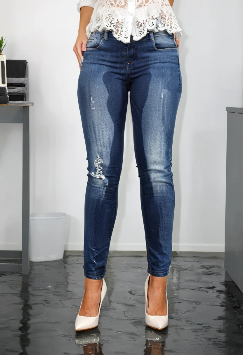 attractive blonde woman wearing skinny jeans, high heel boots, white blouse, standing in an office,  wetting, big smile, pee stains are gleaming wet