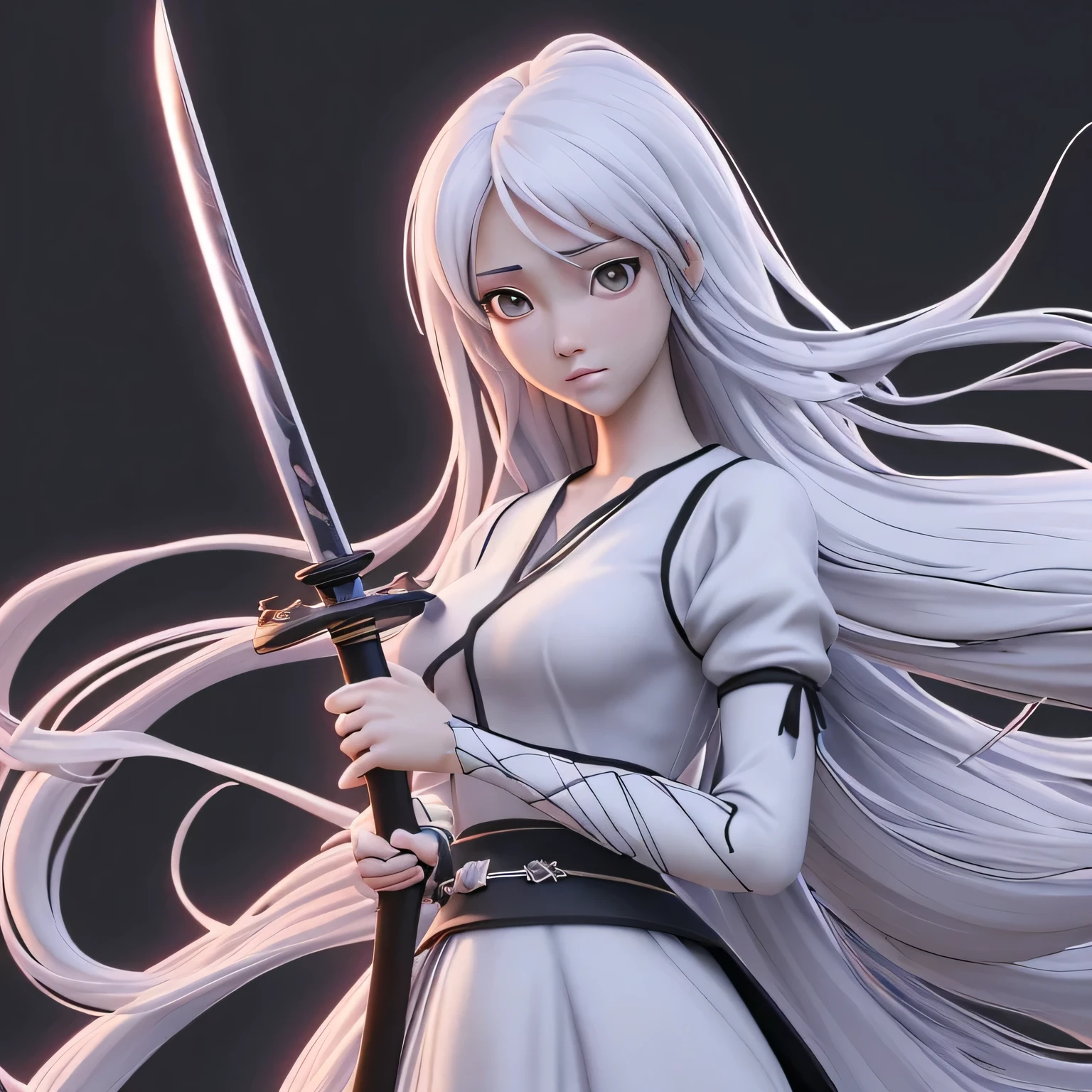 (best quality, masterpiece:1.2), anime girl, realistic anime anime realistic, photorealistic anime, photorealistic anime girl render, smooth anime cg art, 3D, realistic anime artstyle, 8k, realistic young anime girl, render of a cute, chaos style, white hair, black clothes, long dress, holding very long katana, very long hair
