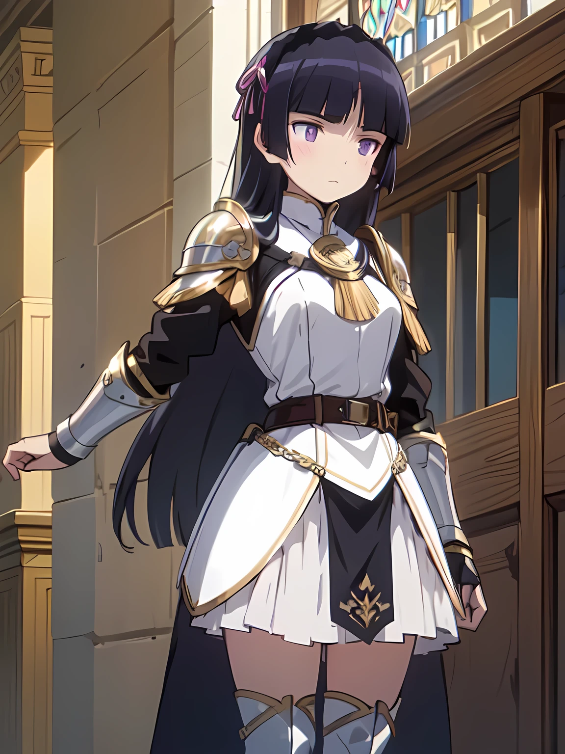 Sonia Blanche, cross earrings, hair ornament, veil, armored dress, pauldrons, breastplate, gauntlets, belt, skirt, black thighhighs, greaves, armored boots, (white beret), 1girl, solo, upper body, big breasts, facing viewer, looking at viewer, smile, outdoors, blurry background