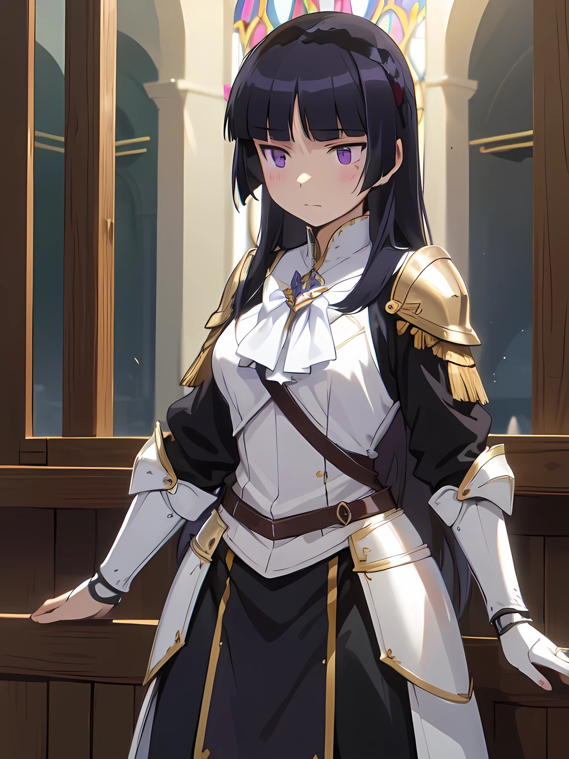 Paladin, (ruri gokou), 1 female, alone, Black Hair, hime cut, Long Hair, (armor), Silver Gauntlet, PLD_armor, wearing PLD_armor, middle ages, city, Temple, Praying Female Paladin, Golden Armor, Bowing Head, Stained glass with light streaming in, Quiet atmosphere