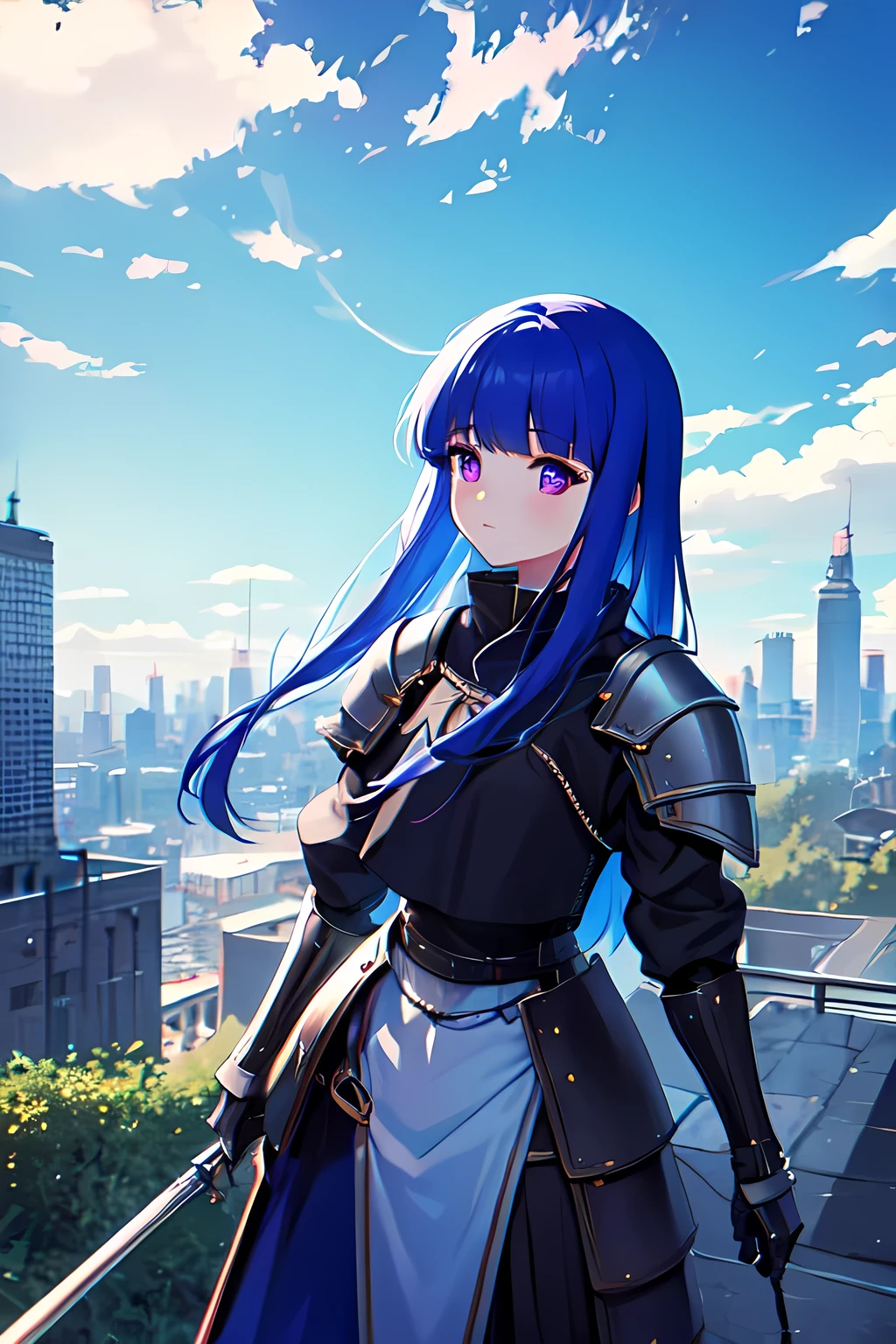 (Rika Furude), Blue Hair, Purple Eye, Long Hair, blunt bangs, bangs, Childhood, , woman, alone, (armor), medieval period, city, Blue Sky, Silver Armor,
