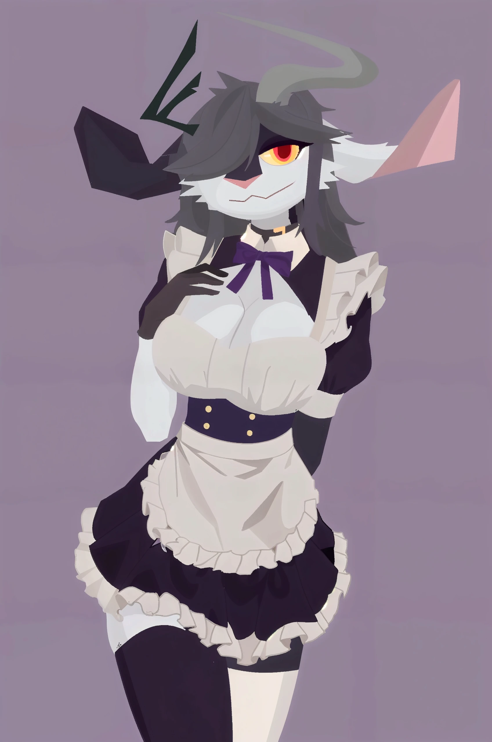 by zackary911,zackary911, fox, anthro, bee, solo, anthro, futanari, solo, fur, 2022, lidded eyes, cat maid, maid, large breasts, black skin, thigh high socks, collar, tail bow, legs spread wide open, looking under skirt, naked, beepussy, beevagina, hugebeevagina, whitecum from hugebeevagina, medium tail , short, black fur, purple fur,