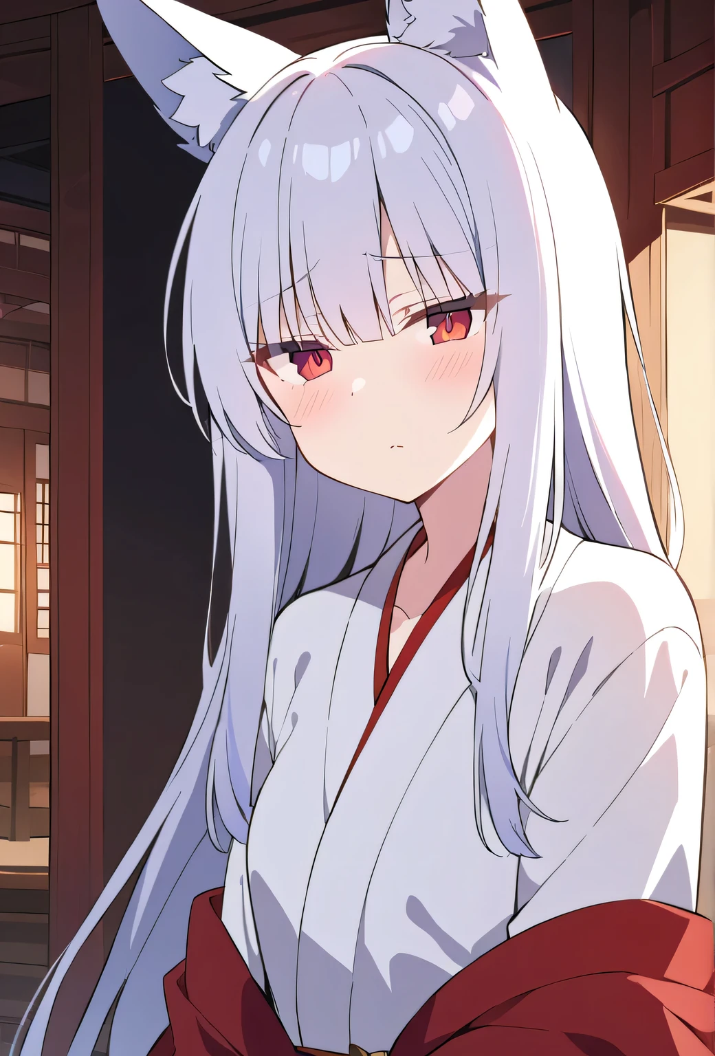 ((best quality)), ((masterpiece)), (detailed), (perfect anatomy), (exquisite clothing);
Shinto temple, morning, dark room;
1girl, solo;
Perfect face, white hair, fox ears, very long hair, fanged bangs, sidelocks, blushing, perfect eyes, red eyes, slitted pupils;
Semi-closed eyes, shaded face, killing intent, intense glaring, clenched teeth, canine fangs;
(Muscular:1.2), Tall, deltoids, trapezius, medium breasts, thick arms, biceps, triceps, abs, obliques, long waist, wide hips, glutes, (thick thighs:1.4), quads, hamstrings;
(White Tank top, overhang), (blue sash, black pants, oversized);