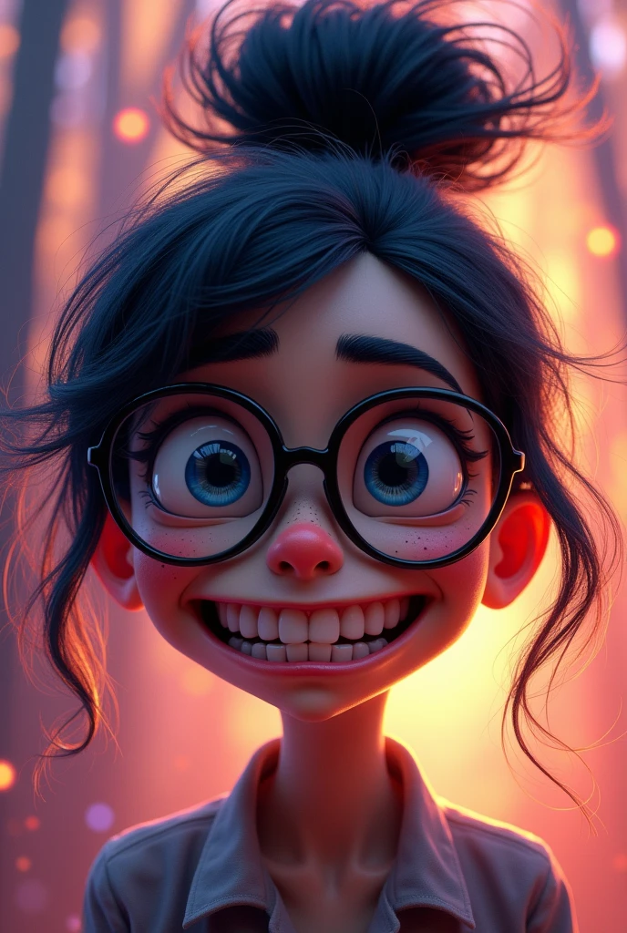 Create a character(( woman))((black hair with a messy bun))stylized from ((Inside Out movie anxiety))Tim Burton Style,big smiling mouth,showing the teeth,wearing glasses,freckles,(best quality, 4K, 8k, High resolution, masterpiece: 1.2), ultra detailed, HDR, Ultra HD, studio lighting, ultra-fine paint, sharp focus, Physically Based Rendering, representation of extreme details, professional, vivid colors , Bokeh Effect, Surreal, Fantasy, abstractcolorido, bright lights, dreamlike atmosphere, Soft lighting, Radiant,Ultra detailed 3D.