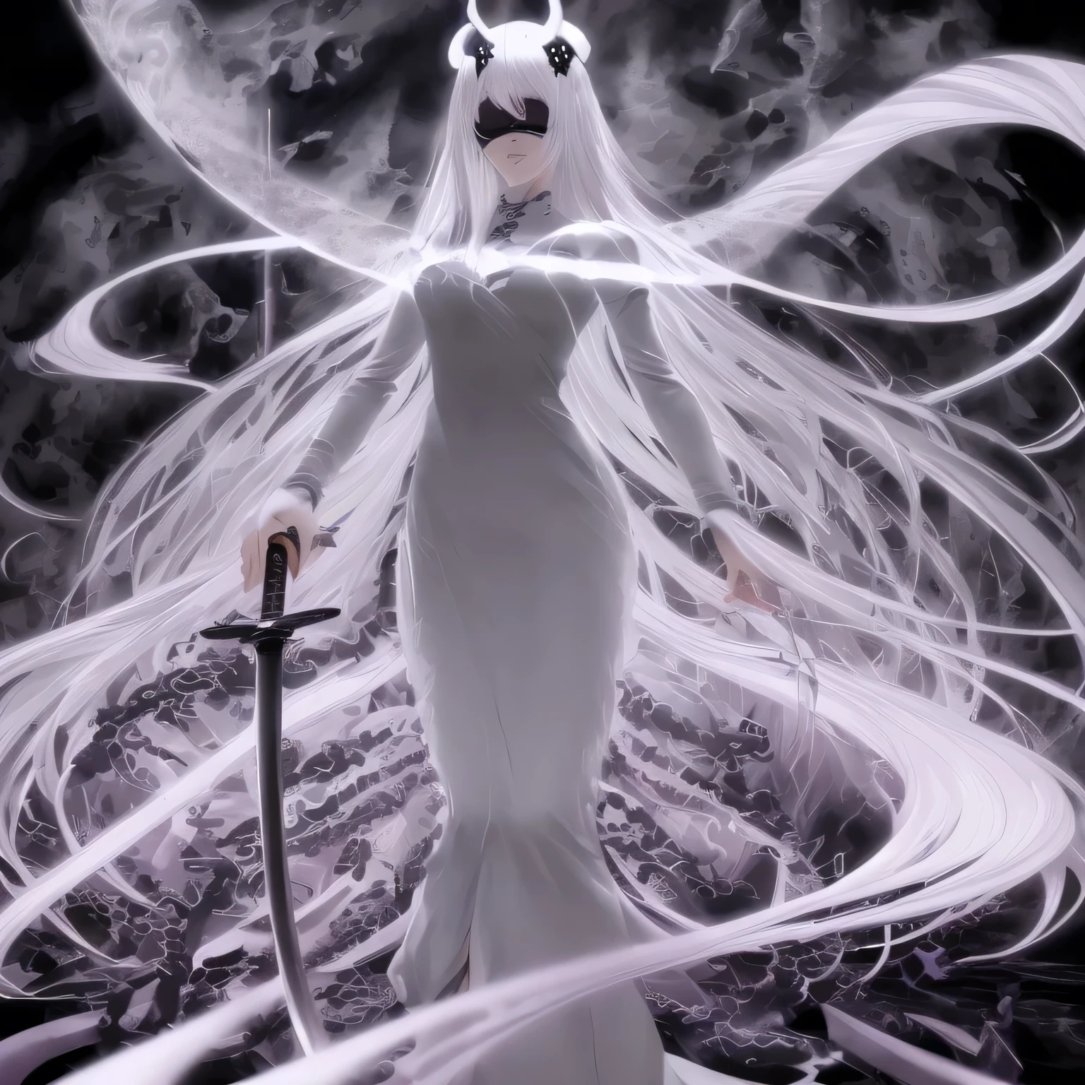 (best quality, masterpiece:1.2), anime girl, realistic anime anime realistic, smooth anime cg art, 2d animation, 8k, realistic chaos style, white hair, wearing half black half white clothes, purple aura flying skulls, holding very long katana, very long hair, wearing black and white long dress with midriff, skull mask