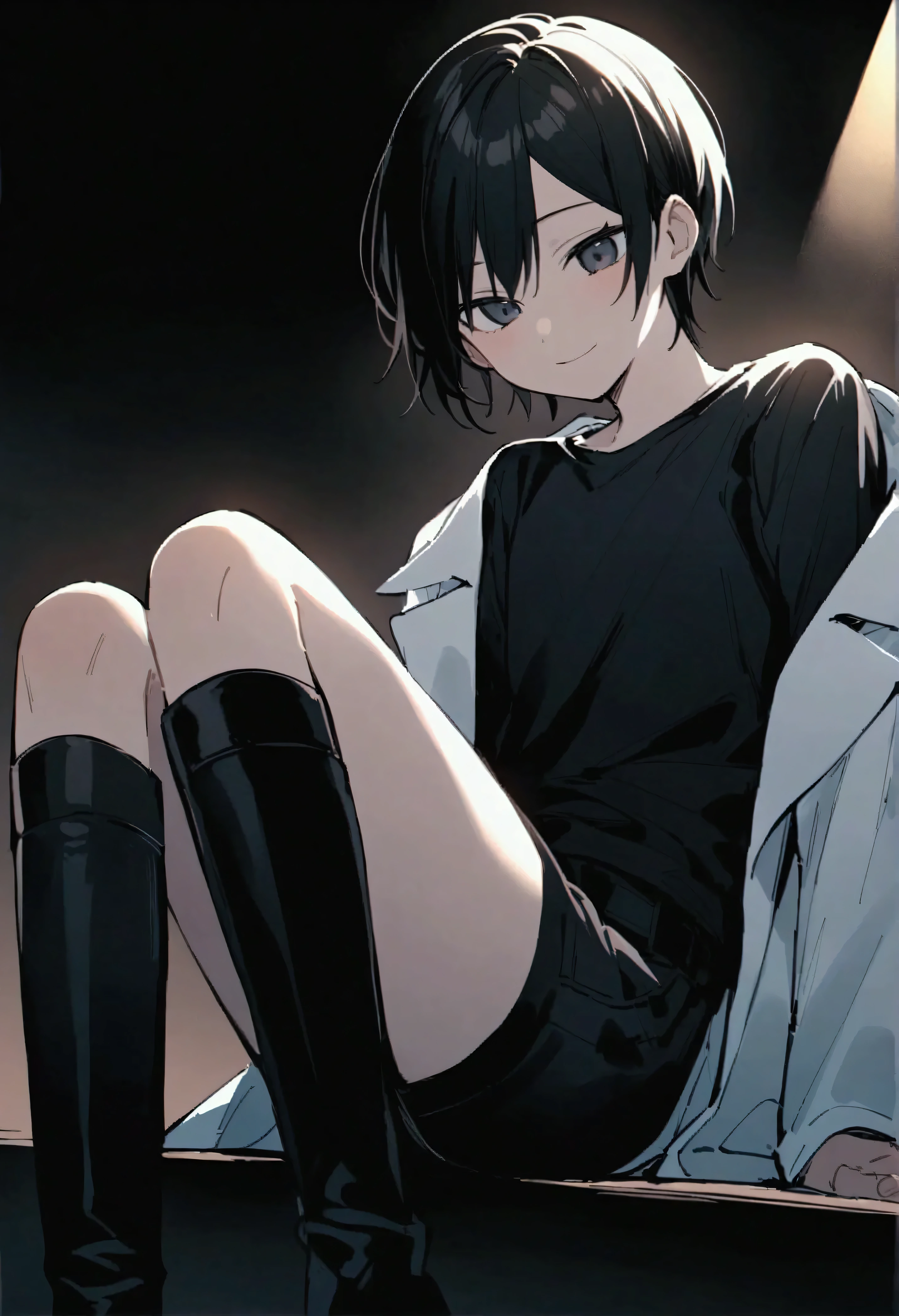Sitting with legs crossed, The subject is、He is wearing a research lab coat over a black shirt.、He is stylishly dressed、Wearing knee-high boots.。. That person has been, Straight black hair.。. The dark background creates a dramatic and focused atmosphere., The lighting subtly highlights the texture and detail of the garment.。. The overall atmosphere is one of confidence.、I'Calm。Fair-skinned and androgynous appearance20male Mysterious Smile A room for resting