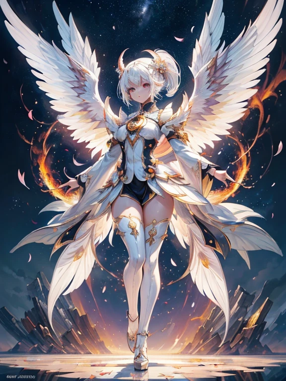 ((perfect image)), ((perfect face)), ((ultra detailed)), ((full body)), ((perfect body)), a girl with white hair and wings in front of a city, Full pose, ethereal, your body made of flames, whole body, symmetry!! conceptual art, sakura petals around you, standing gracefully on a lotus, demon girl, ((dry))