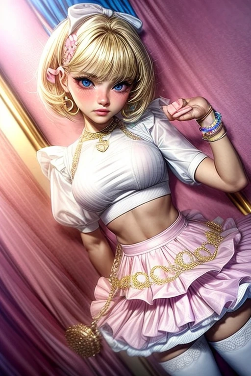 Best Quality, Masterpiece, Ultra High Resolution, 1girl, short blonde hair, hair bows, frowning, pink high heels, hot pink mini skirt, white crop top, gold bracelets, blue eyes, gold hoop earrings, carrying white designer purse, soft pink lips, blush, eyelashes, tan skin