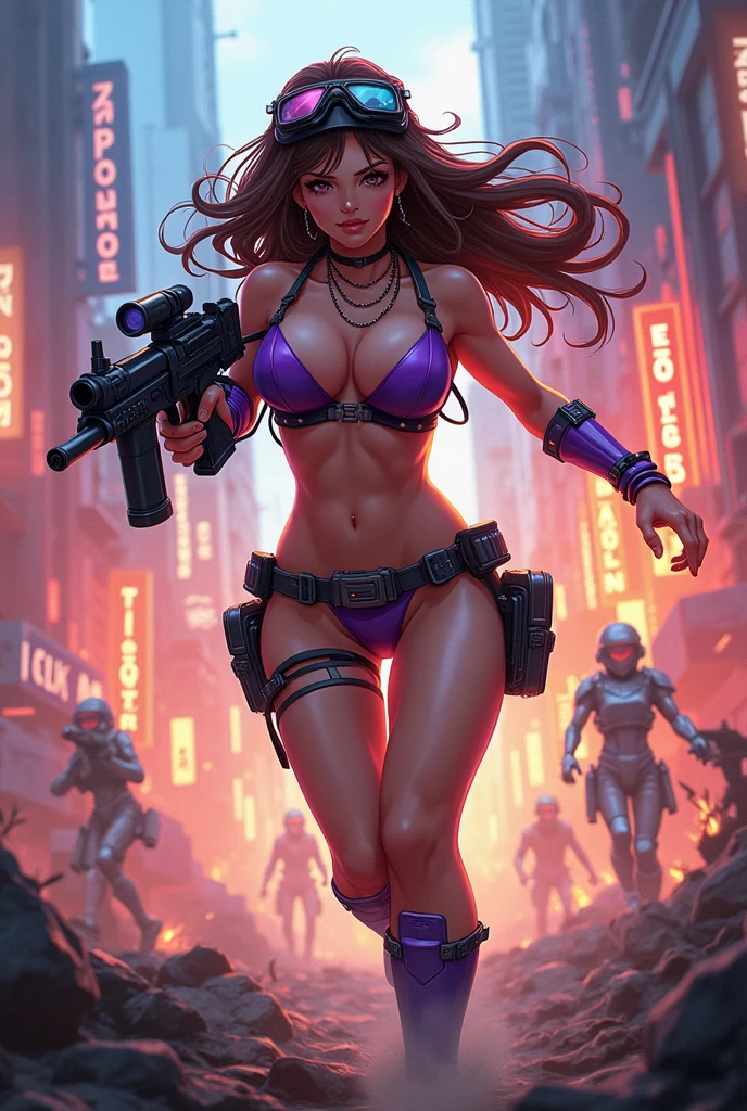 Masterpiece, best quality, Masterpiece, best quality, 1 woman , red eyes , long purple ponytail , sly face , smile , purple bikini , abdomen, big breasts , Long legs , Barefoot , hands on hips , abandoned factory , at night