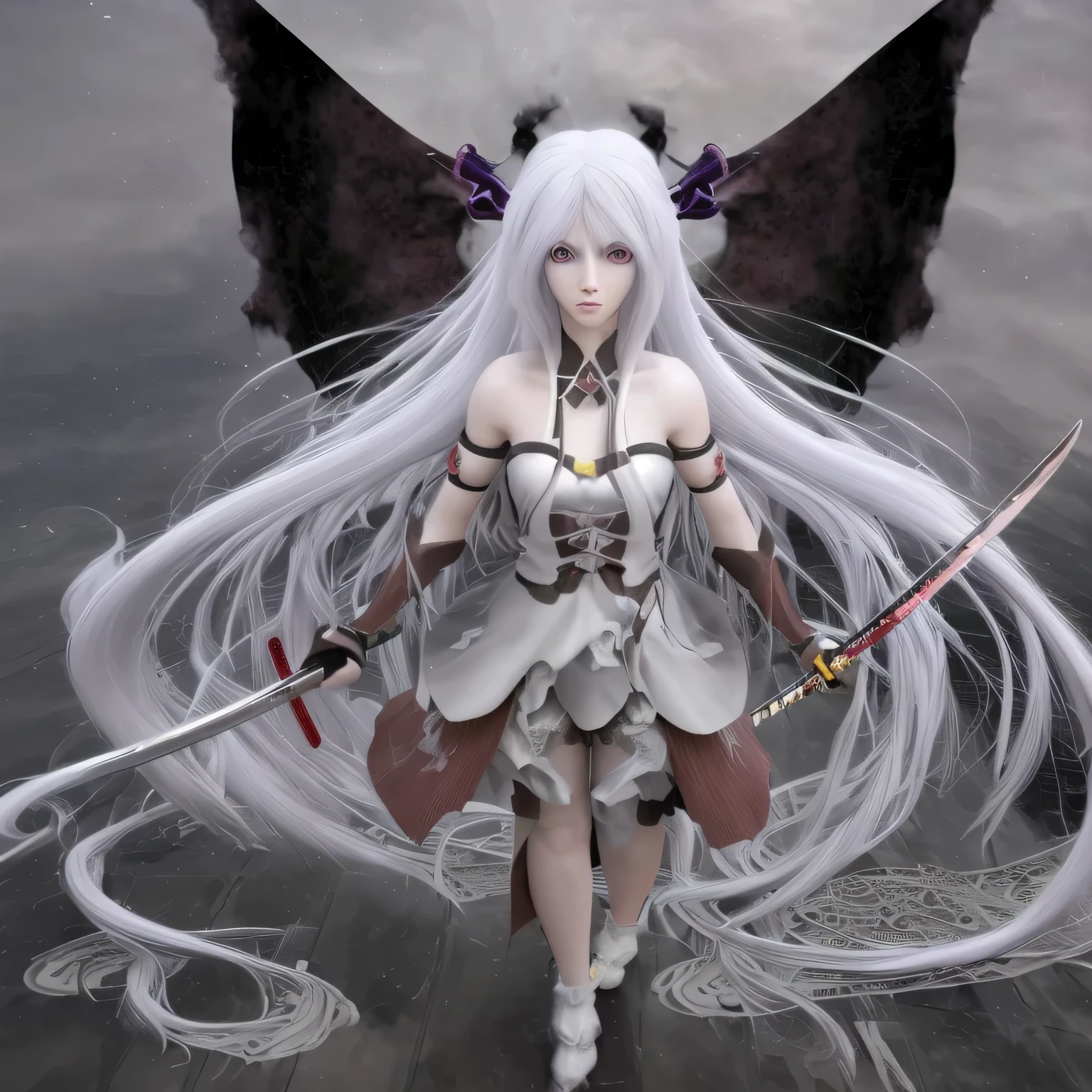 (best quality, masterpiece:1.2), anime girl with long hair, anime styled 3d, realistic anime artstyle, anime realism style, anime style. 8k, realistic young anime girl, render of a cute 3d anime girl, chaos style, white hair, holding very long katana, epic ghost battle, demon wings, red evil eyes, vixi c1
