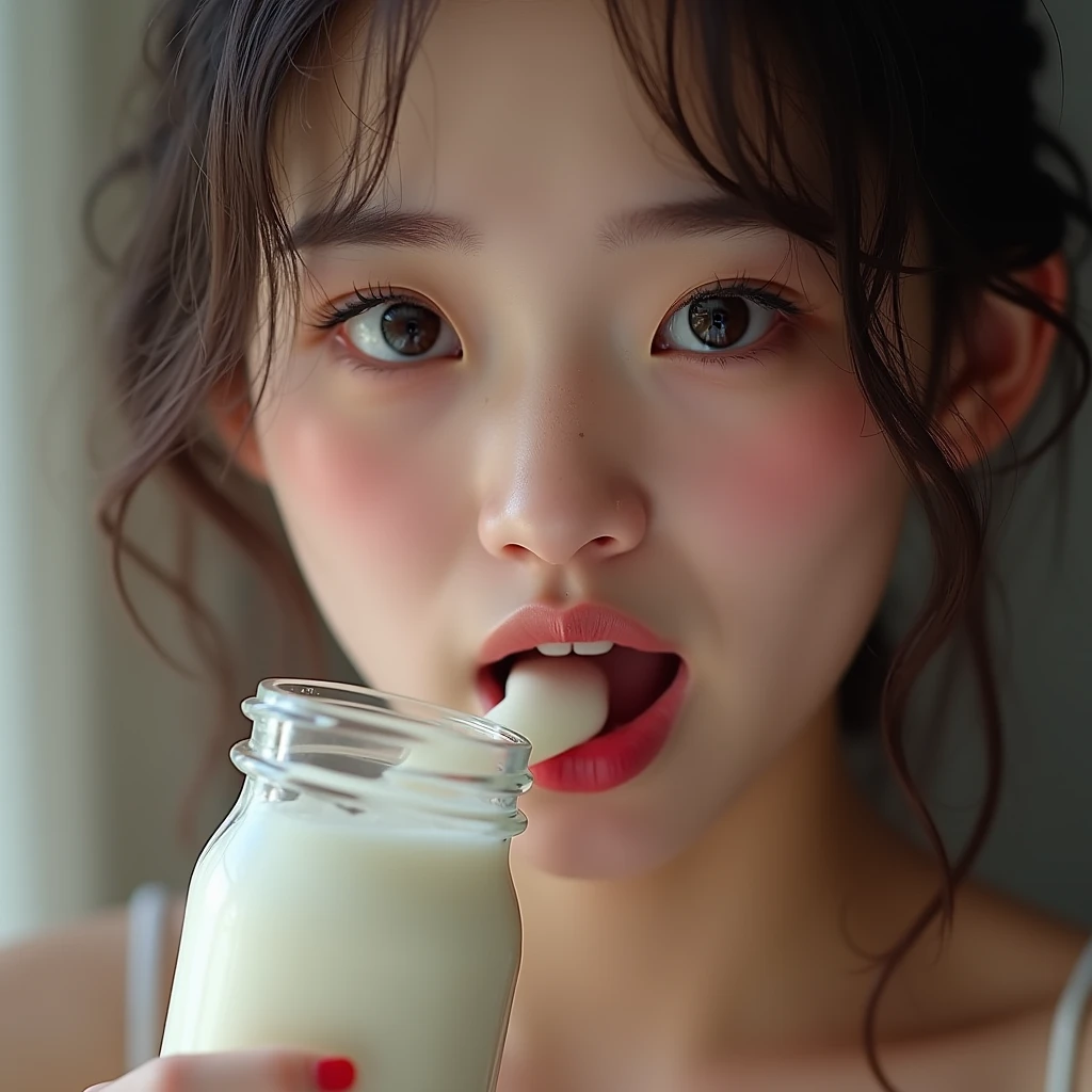 A Japanese woman with her mouth open and a lot of white milk dripping from her mouth.