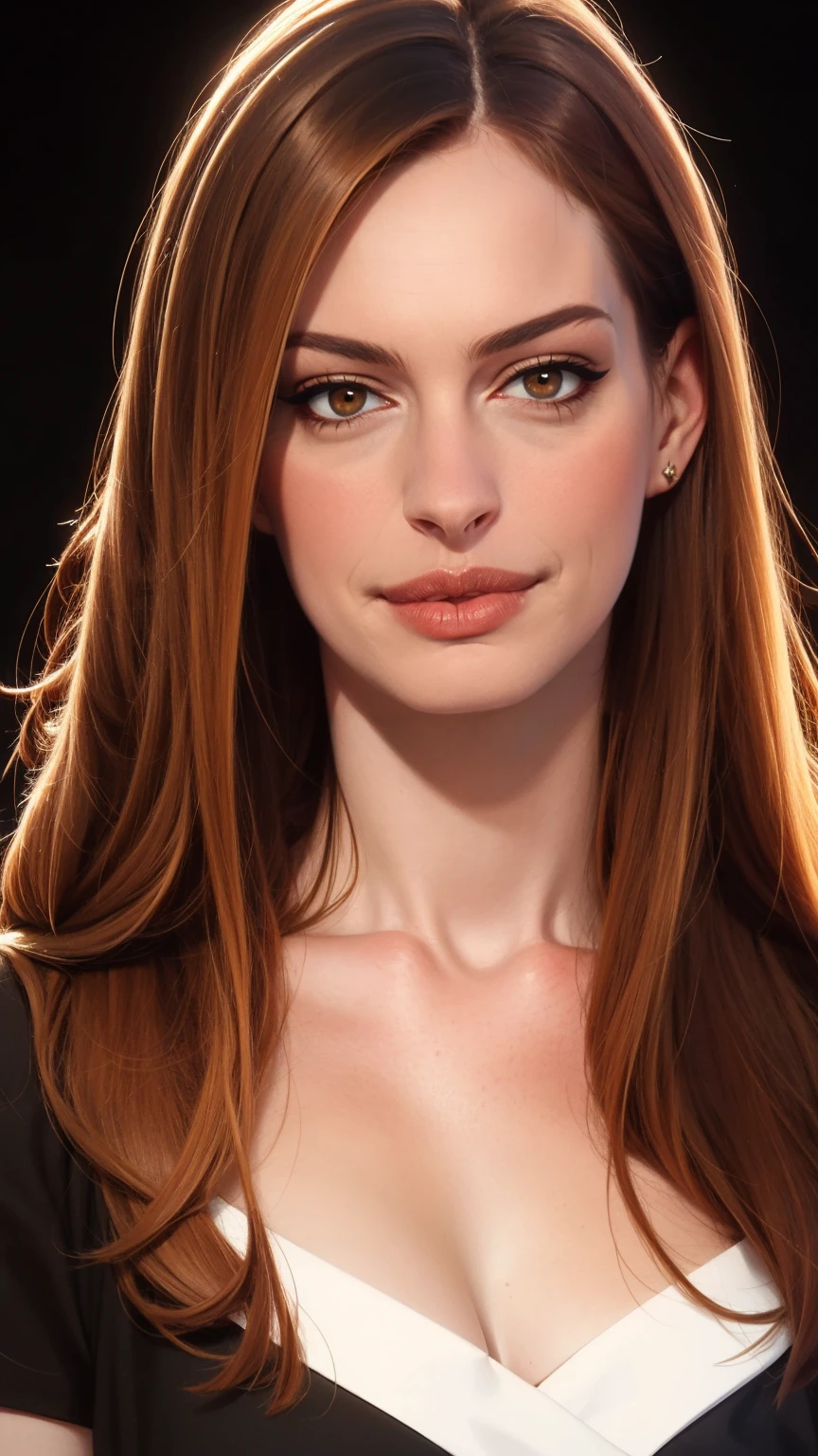 A seductive portrait of a woman, (medium shot), tshirt, brown hair, (straight hair:1.5), skin texture, digital painting, illustration, (masterpiece, best quality:1.2), high details, contrasting lighting, (black background:1.5) 