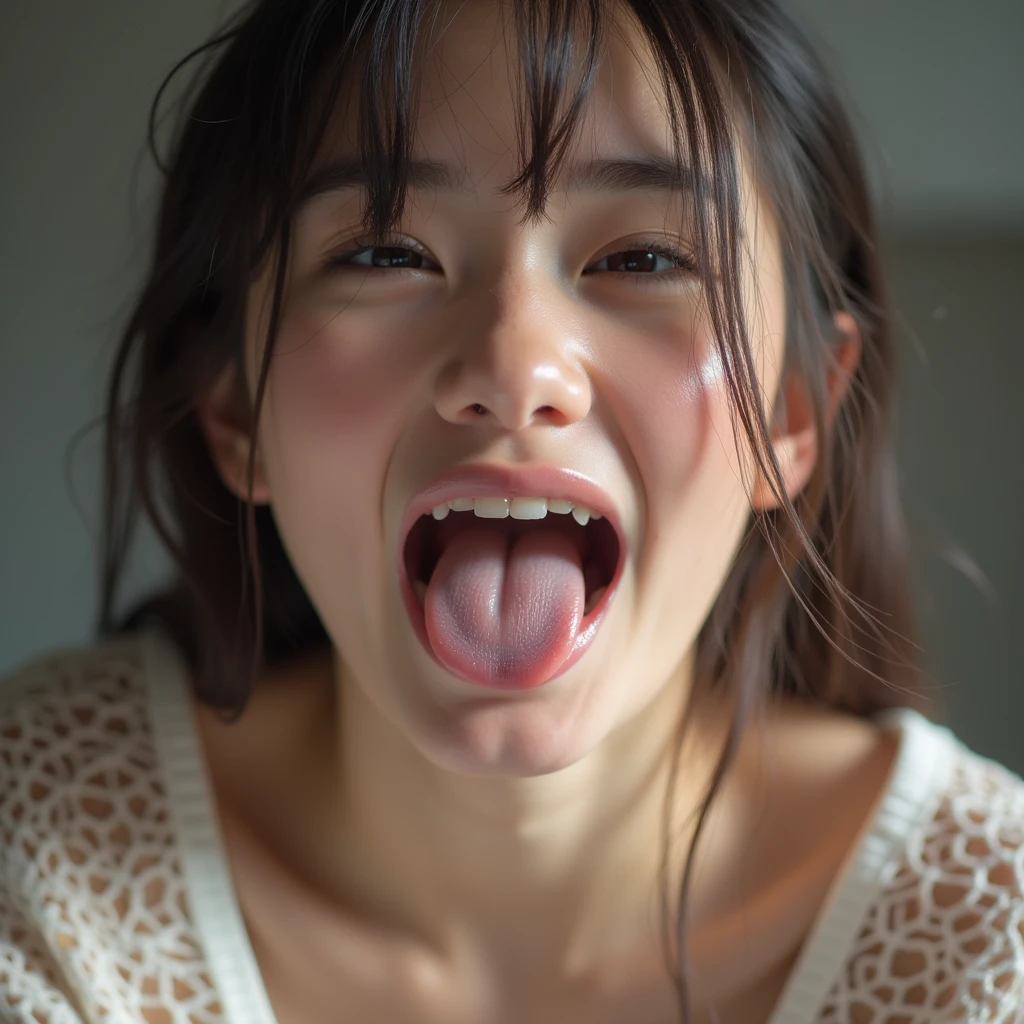 Beautiful Japanese actresses、1 girl,flying debris,,Award-winning photo, Very detailed,Face Focus, Big double eyes(Woman with open mouth and closed eyes ), 18-year-old、Black Hair、Shiny skin、(((Macro close up of face)))、Realistic nostrils、Long and narrow nasal cavity,,,、Emergency stairs in an apartment, Staircase landing,Outdoor fire escape staircase,Squat、((Random color open cardigan))、Big Breasts、(Sharp Nose)Frowning performance:1.4,,performance,Frowning,please raise your head、Skin shiny with sweat,Oily facial skin,Tied Hair,Squatting and giving a blowjob,female teacher,Squatting in the hallway、Squat、50 degree hot room、Skin shiny with sweat、Wet transparent fabric,Sweaty all over my face,A face enduring intense pain、Screaming face,Open your mouth wide and shout,((Ahegao, Drooling, Saliva trace, Long Tongue, Face to face, Textured skin, Anatomically correct, 超High resolution, High resolution))Head is up,