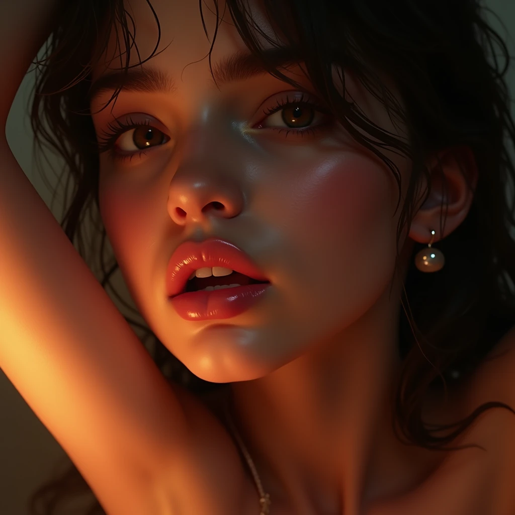 Full nudity, (Huge boobs: 1,5), Photorealistic, ((intensely detailed)), korean female, hyper-detailing, Warm tones, intricate details, volumetric, art by Iliya Kuvshinov, a glaring eyes, Arch Modern, 85 mm, f1.8, portraite of a, photo-realistic, A hyper-realistic, Orange, Ultra-detailed, Intricate, dramatic, Sunset lighting, eye shadow, wide dynamic range, epic view