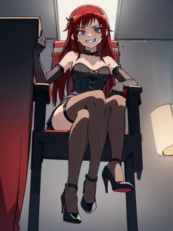 ((Best Quality)), ((masterpiece)), (detailed), prison, One person, femdom, dominatrix, looking at viewer, ((bare shoulders)), ((black bustier)), ((black stockings)), ((black g-string)), ((black high heels)), ((Black garter belt)), ((black elbow gloves)), ((evil grin)), from below, stare at viewer with stern eyes, ((((holding riding crop)))), ((chair)), ((female sitting in a chair)),