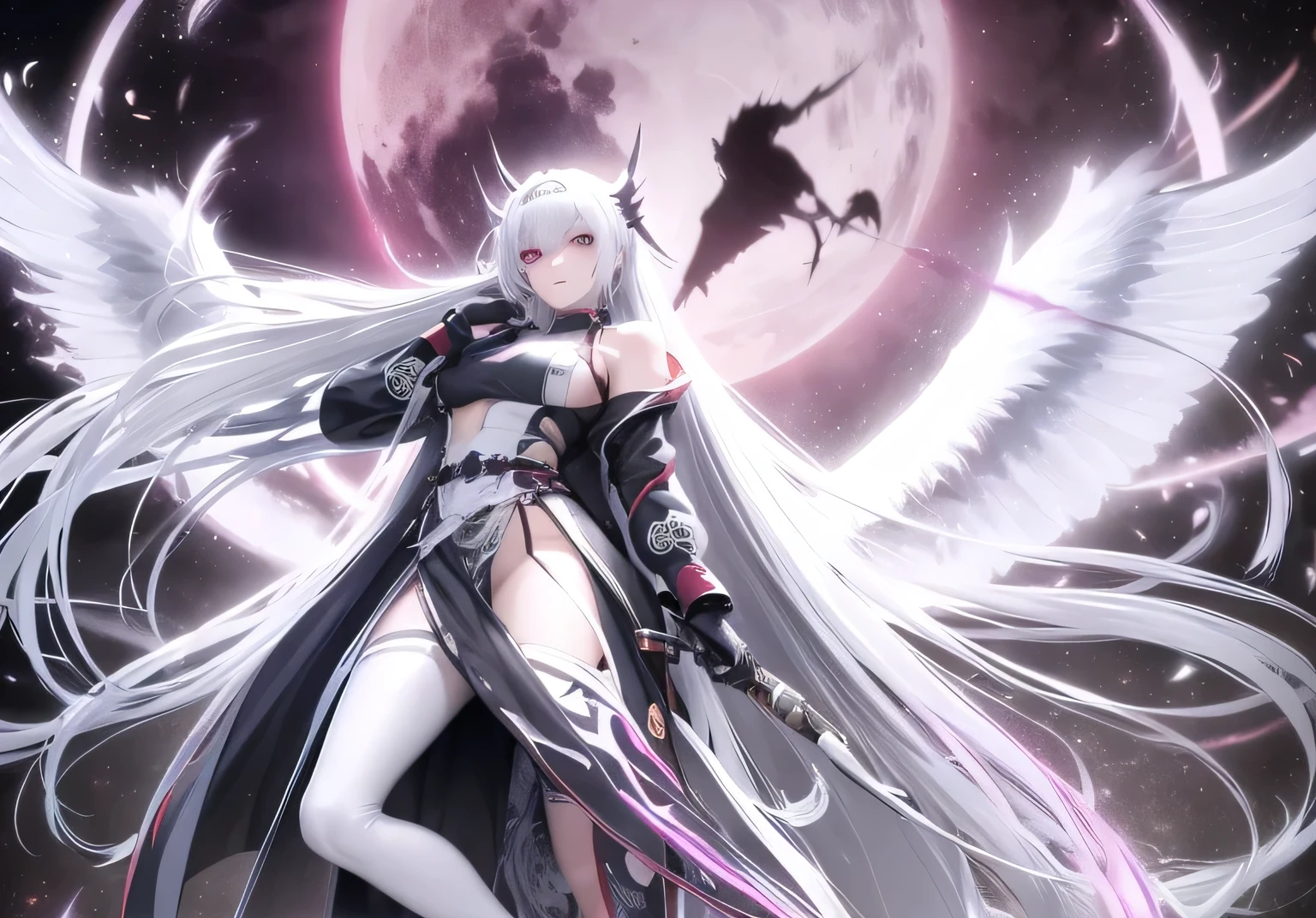 (best quality, masterpiece:1.2), anime girl with long hair, anime styled 3d, realistic anime artstyle, anime realism style, anime style. 8k, realistic young anime girl, smooth anime cg art, 2d animation, 8k, realistic chaos style, white hair, wearing half black half white clothes, purple aura flying skulls, chaos style, white hair, holding very long katana, epic ghost battle, demon wings, red evil eyes, vixi c1 style