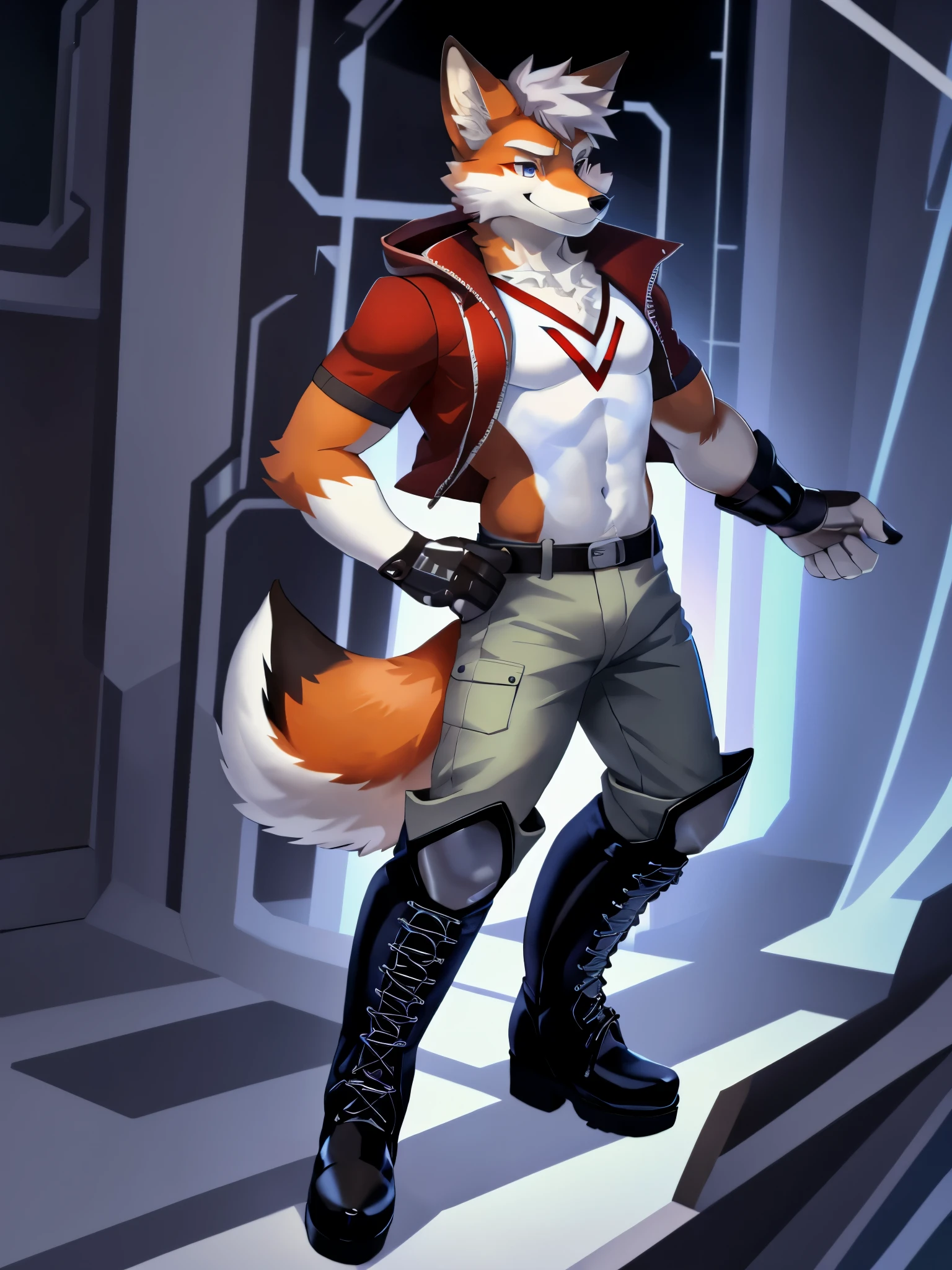 high resolution, solo,  red fox, male physique, ростом 180 см , gray eyes, Short hair, Fox ears, Evil smile, Mechanical arm, (dressed in a white T-shirt, pants with ribbons, high boots, coat), Fantasy, Minimalism, находится на космическом корабле, в руках синий световой меч