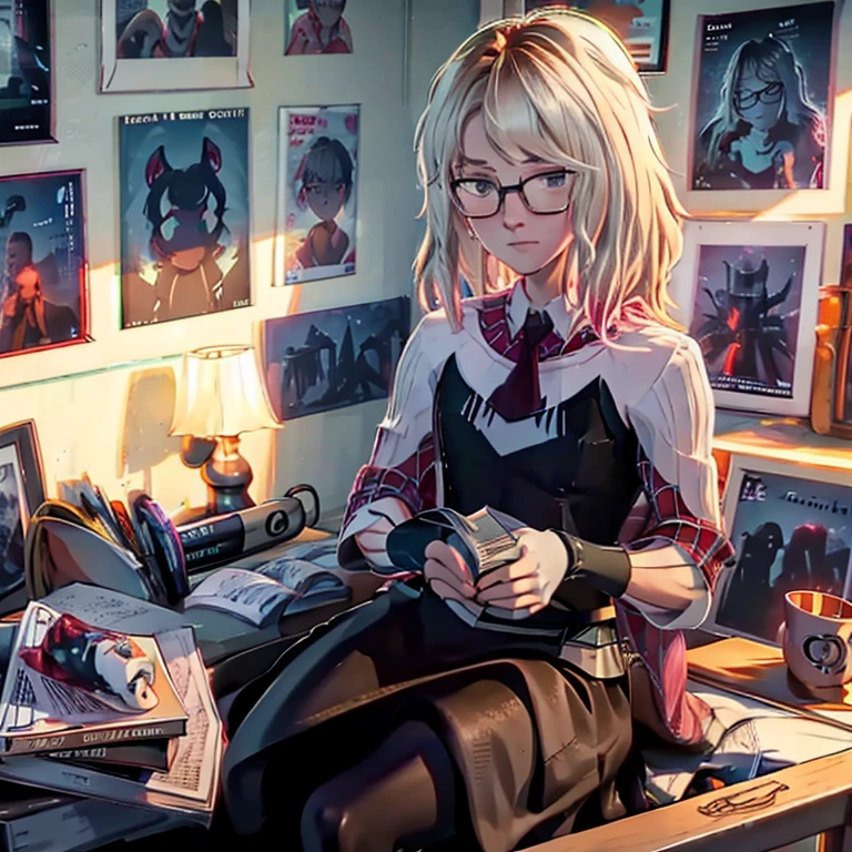 Spider-Ghost, now as Gwen Stacy, He is without his suit, wearing casual clothes and wearing glasses. She is sitting on her bed, holding a book in his hands while reading it with interest. His expression is calm and focused as he enjoys reading..

The room is cozy, with a single bed, a nightstand and some posters on the walls. The soft light of a lamp illuminates the space, creating a relaxed and homely atmosphere.
