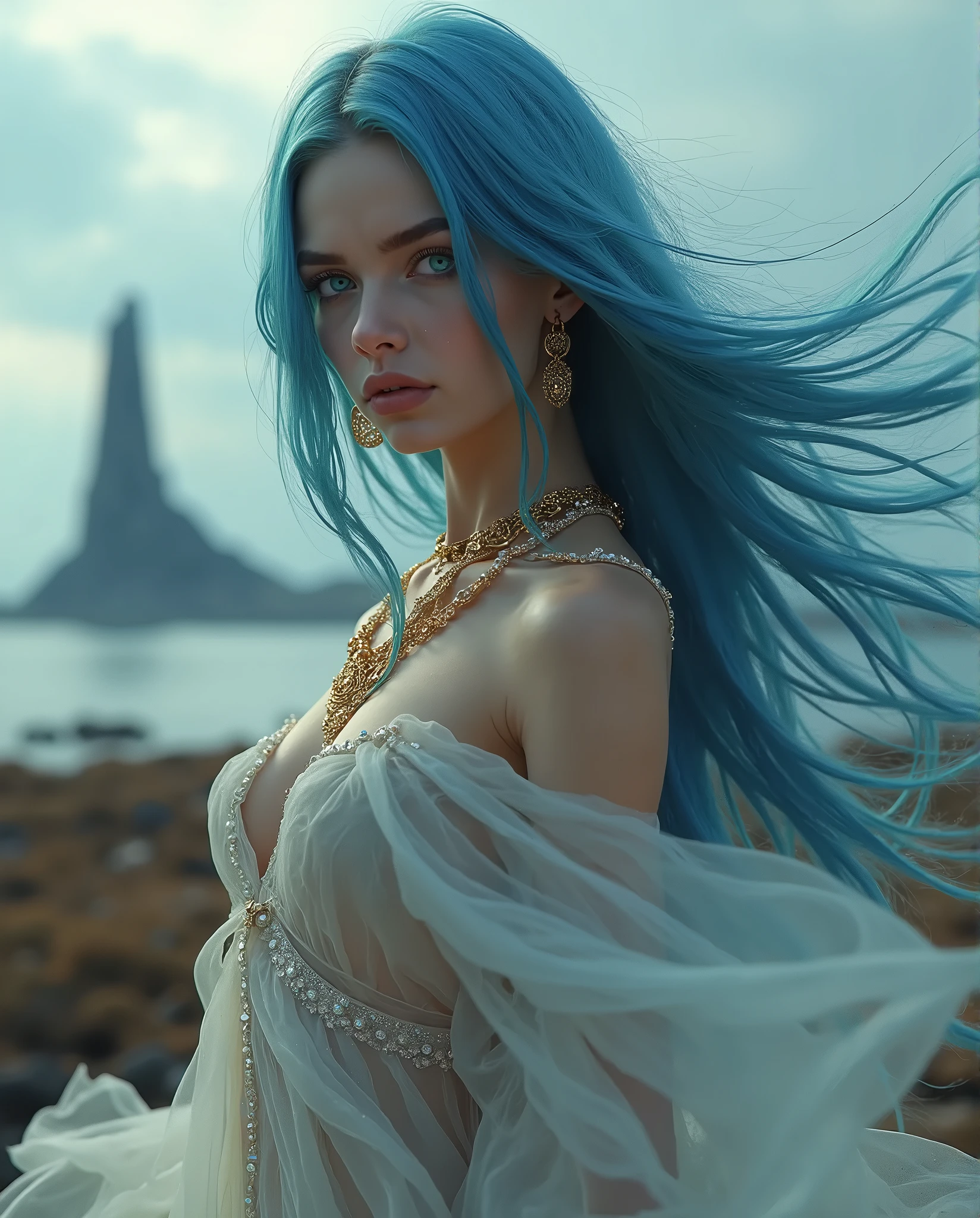 Full nude blue-haired woman posing for photo looking back, pale bluish skin, inspired by Elsa Bleda, fullnude、Detailed udder, Detailed nipples、Functional neckline, ethereal beauty, Colorful portrait, beautiful pale makeup, pale blue eyes, pastel blue eyes, pale blue skin, incredibly ethereal, Impressive ethereal young figure, bright pale blue eyes, Stunning portrait, Ethereal hair、Looking Back Pose、Mileage Portrait、black tone、a choker、plein air