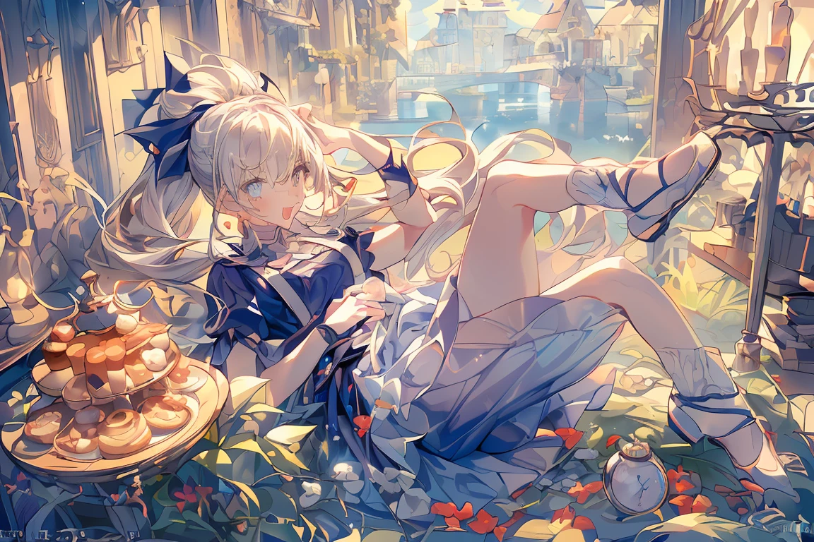 (master piece, high-quality, Mystical, Beautifully Aesthetic, ideal ratio of body proportions, image art, Impresionism), (ultra high resolution, 8K RAW photo, photo realistics, natural lighting, textile shading), (1 cute girl:1.3, solo:1.5, milf:1.1, nsfw:1.25, full bodiEsbian), (Fractal), shinny skin, ((alice in the wonderland:1.2, a girl floating in air:1.35, surprising, little opening mouth:1.3, putting a hands on crotch over the skirt:1.2)), ((PlayingCards, ?????, tea cup, tea pot, tea spoons, pocket watch:1.3, big mirror, lip sticks, candies, cookies, jam bottles, keys,)), cuty anime white rabbit, ((NavyBlue dress :1.5, a fluttering flair skirt, White Apron, white stockings)), (medium long platinum-blonde, tied hair with a ribbon), (Blue eyes, bright pupils with highlights, detailed eyes), (lying down on your back:1.2, leaning forward:1.2, spreading legs with rising up legs:1.3), ((dutch angle:1.5, full body:1.3, crotch focus, from below:1.2)), cinematic image board, Exotic wallpapers, colorful image, fantastic art, fantasy images:1.5, ((correct ???????:1.5, perfect ???????:1.3, correct hand)), 