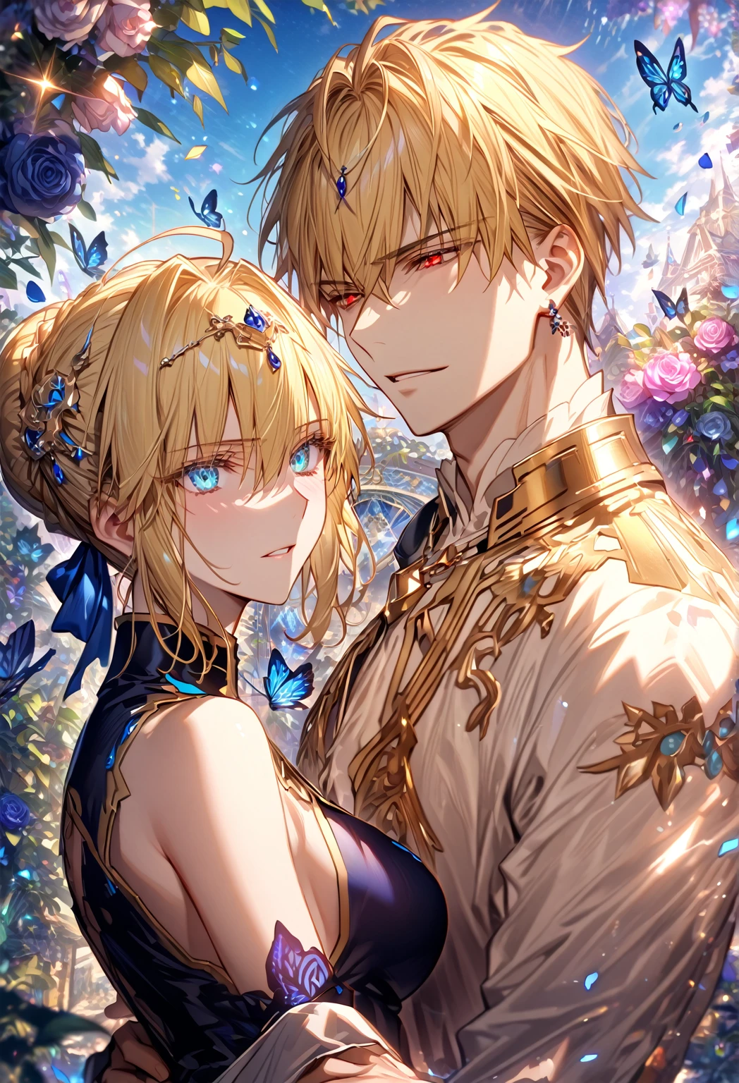 absurdres, highres, ultra detailed, HDR, master piece, best quality, extremely detailed, detailed eyes, detailed face, Gilgamesh, blonde hair, expressive red eyes, Fate Grand Order, Artoria Pendragon, Saber, blonde hair, expressive turquoise eyes, handsome man together with a beautiful woman, white clothes, black clothes, glittering blue butterflies, garden, magic circle, green leaves, blue petals, blue roses, fantasy, magical