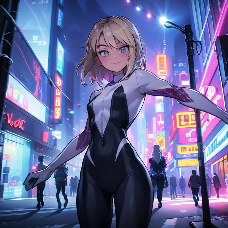 gwen stacy, dressed in her Spider-Ghost costume, He wears a black leather jacket over him. He is walking confidently down a brightly lit street, with a smile on his face, enjoying the urban atmosphere.
bottom: The street is full of bright lights, with modern buildings and neon lights. Some people and vehicles can be seen moving, creating a vibrant and lively atmosphere.

