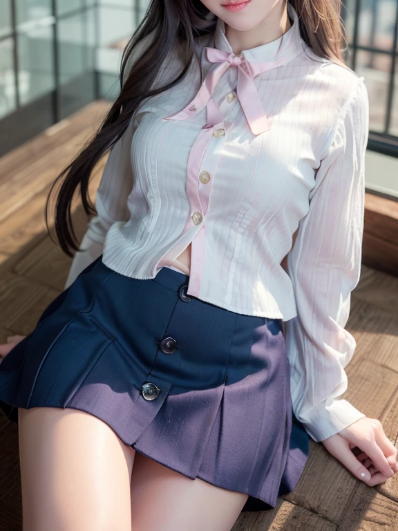(Photoreal: 1.4), (Hyperrealistic: 1.4), (Realistic: 1.3), (Smooth Lighting: 1.05), (Improved Cinematic Lighting: 0.9), 32K, One Japan woman with a faint smile, realistic lighting, backlight, face lights, ray tracking, (Bright light: 1.2), (Quality improvement: 1.4), ( Top quality realistic textured skin: 1.4), fine detailed eyes, detailed face, fine quality eyes, dark brown eyes, (tired, sleepy and satisfied: 0.0), pale lighting, headband in hair, blouse with white ruffles, ribbon tie, navy blue long skirt, shiny silk white ankle socks, white background, holding bouquet in hand, squatting with legs on bed, mirror on background