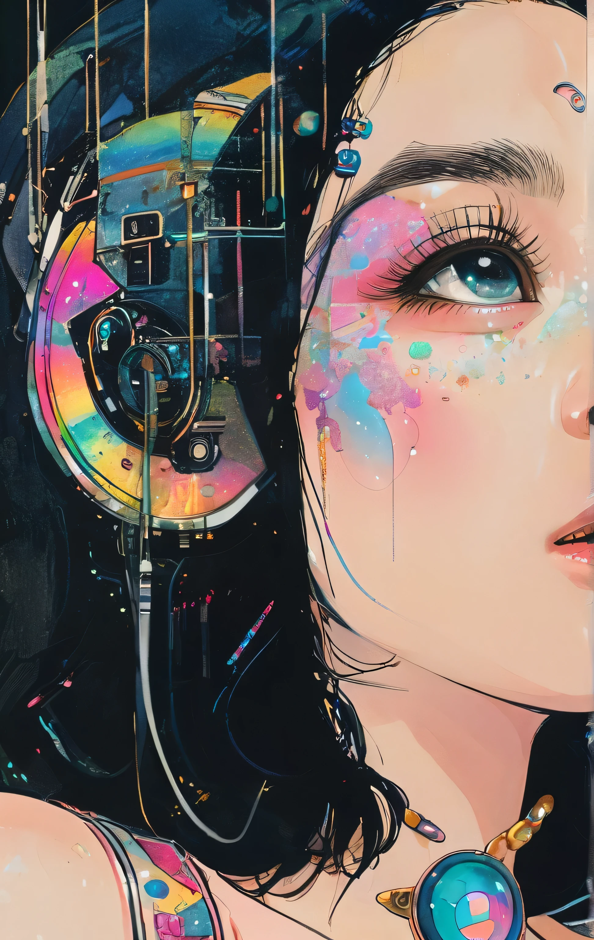 8k,masterpiece,Splash Art,Colorful splashes,Splattered Paint Painting,face focus,woman,(womanは黒と白で描く,Draw eyes in color),messy hair,Put on headphones,Stylized abstract portrait of a beautiful girl，